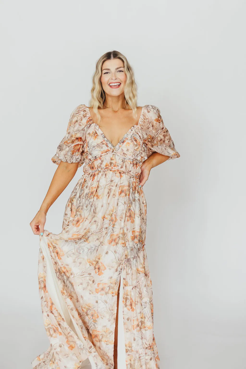 Daphne Maxi Dress in Beige Multi - Bump Friendly & Inclusive Sizing (S-3XL)