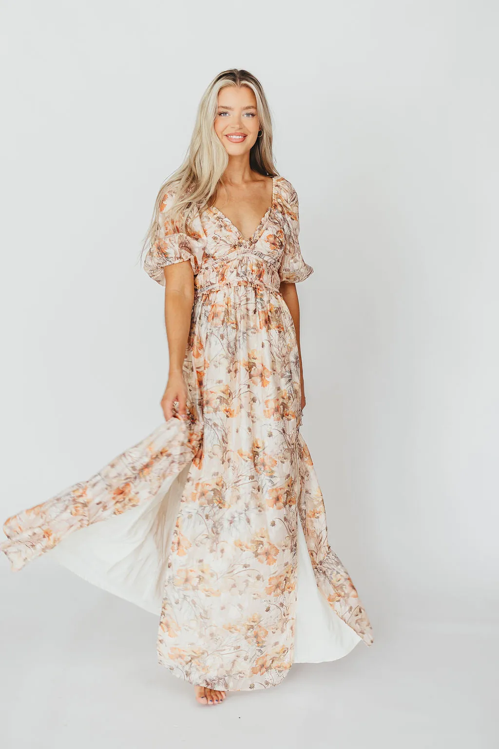 Daphne Maxi Dress in Beige Multi - Bump Friendly & Inclusive Sizing (S-3XL)