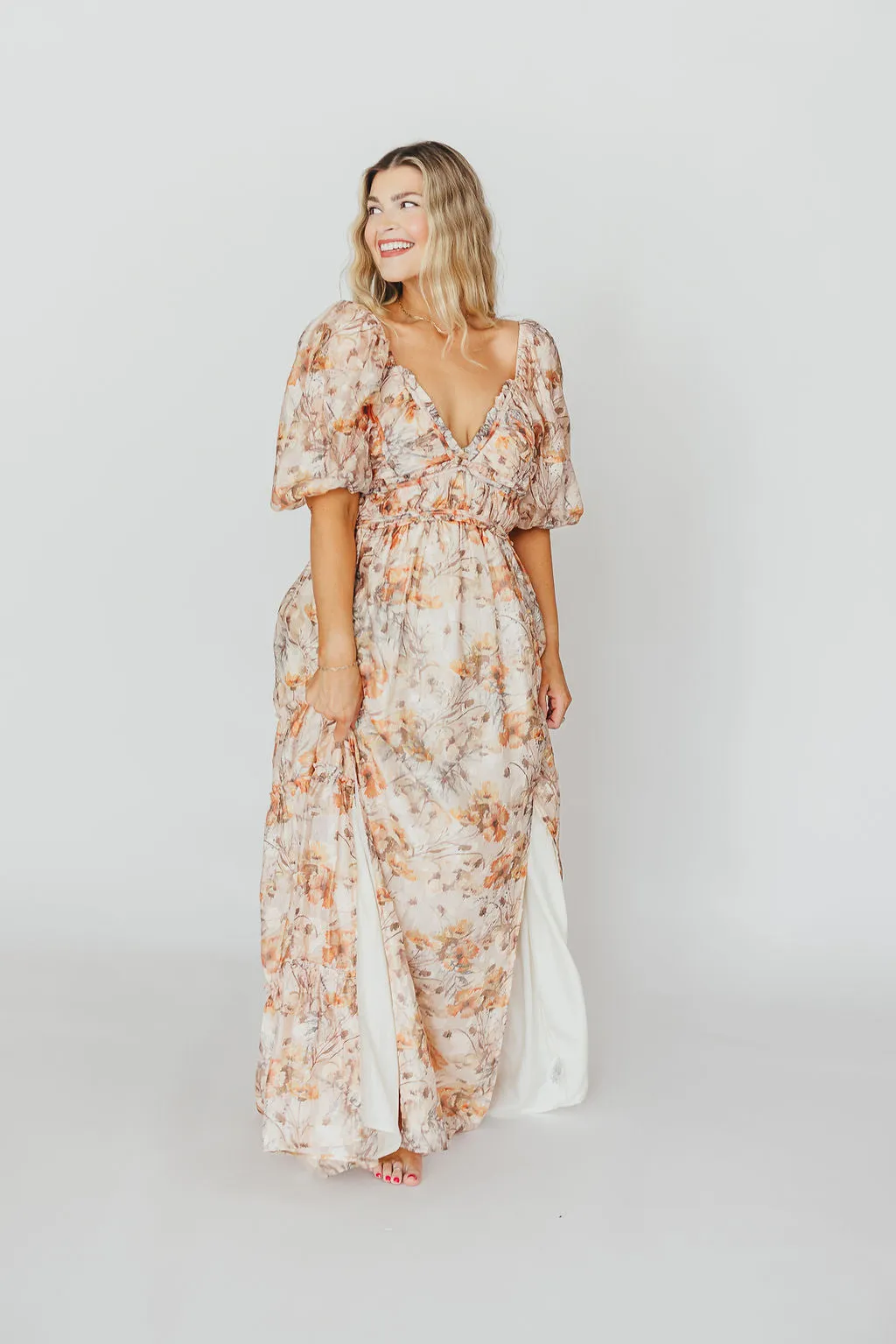 Daphne Maxi Dress in Beige Multi - Bump Friendly & Inclusive Sizing (S-3XL)