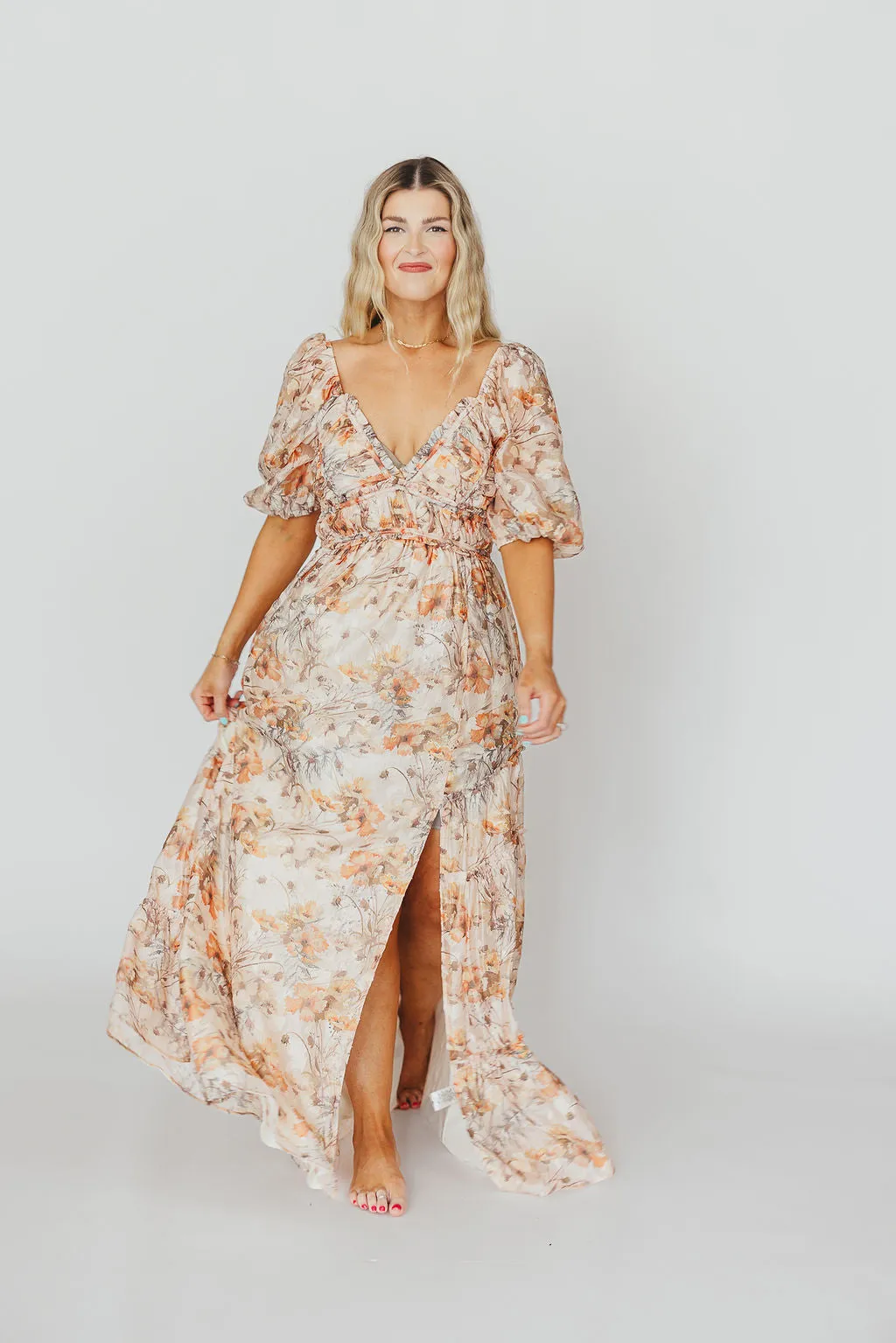 Daphne Maxi Dress in Beige Multi - Bump Friendly & Inclusive Sizing (S-3XL)