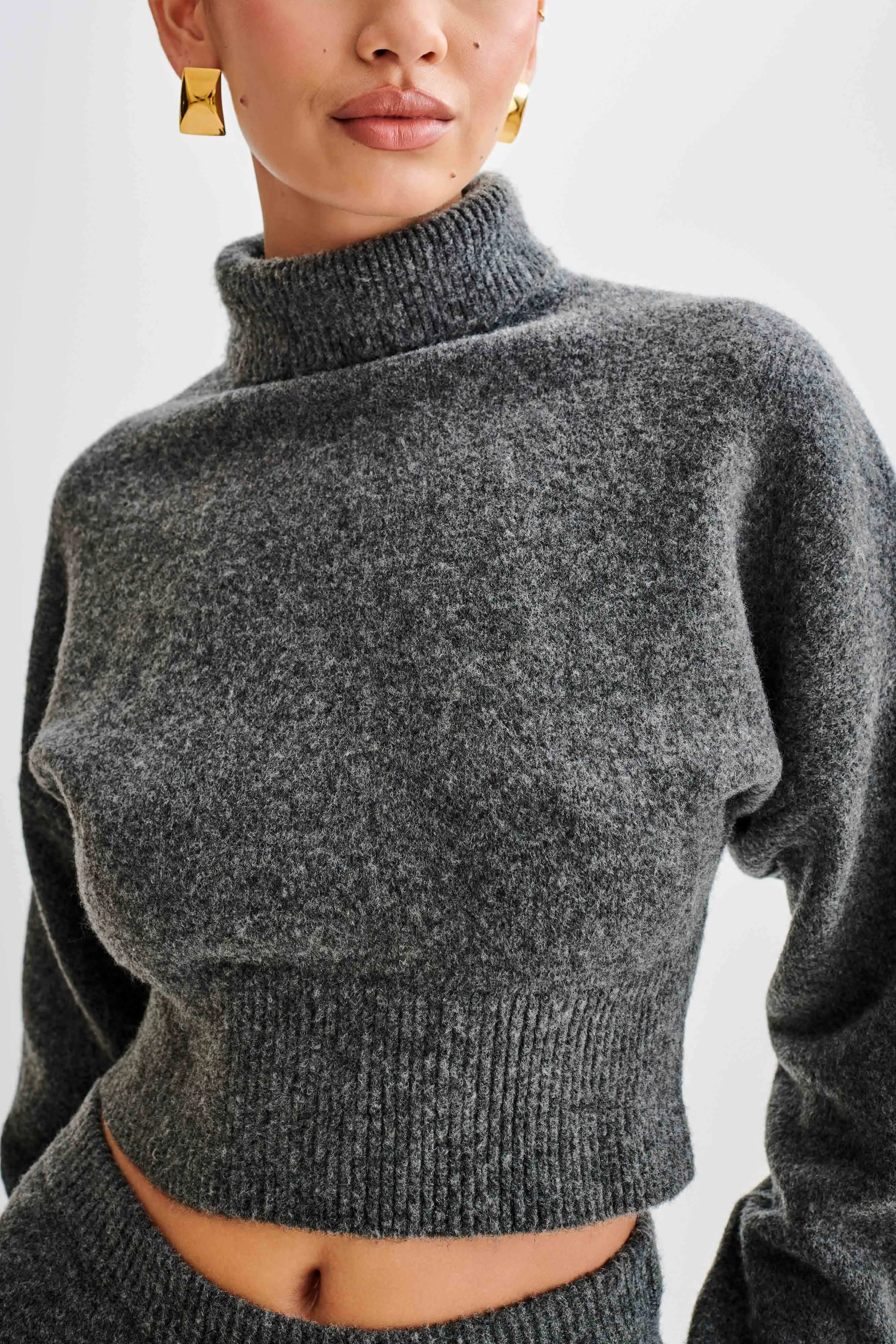 Darius Turtleneck Knit Crop Top - Charcoal Marle