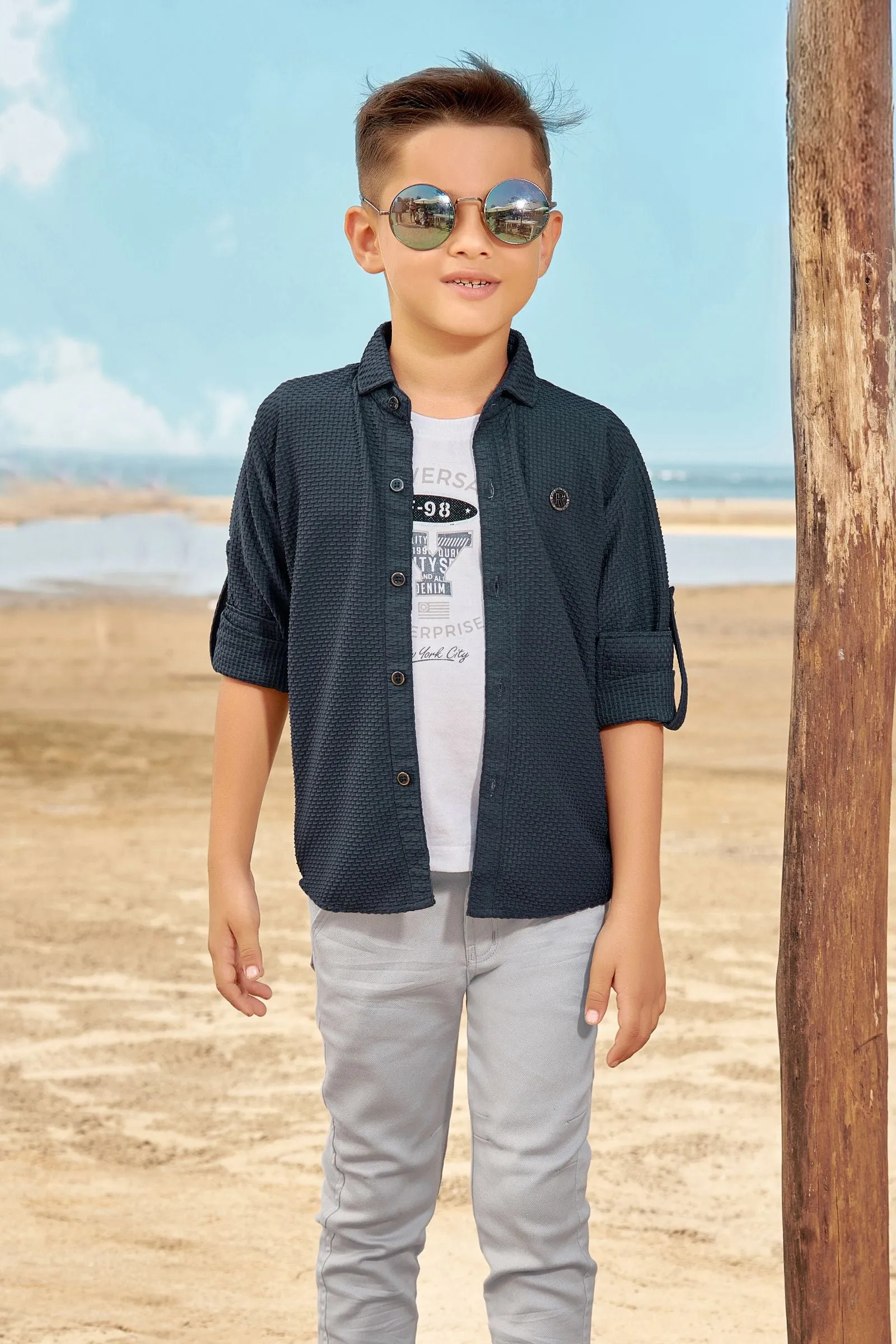 Dark Grey with White Printed Blazer, T-Shirt and Grey Pant Set for Boys with Belt