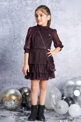 Dark Wine Zari work Short Frock For Girls with Belt and Bag