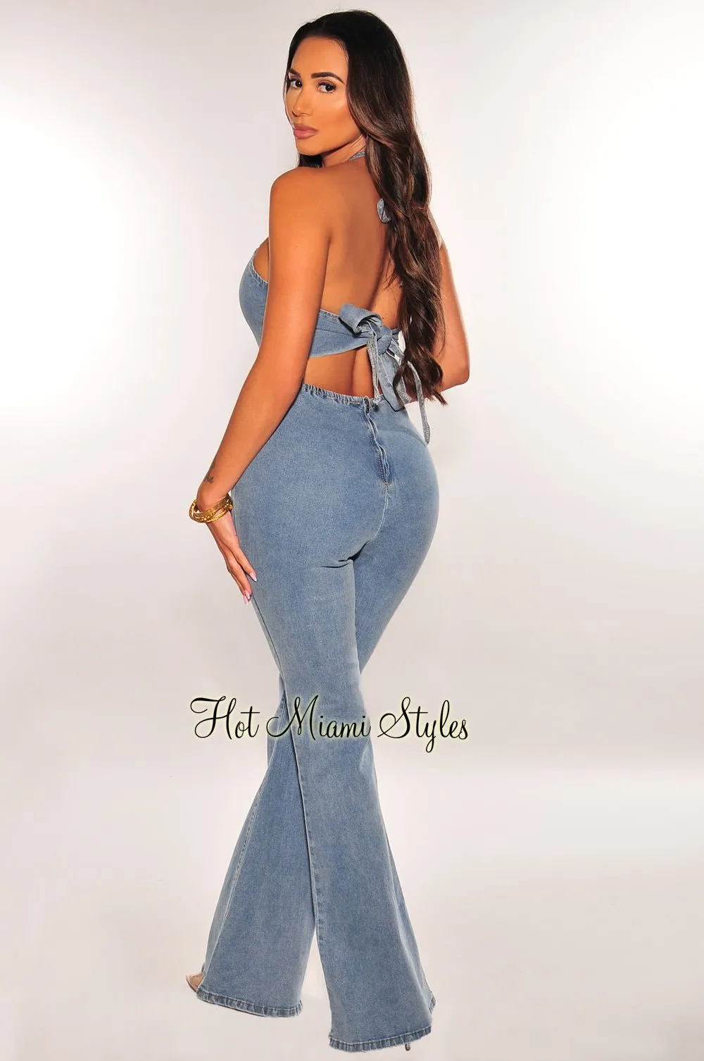 Denim Halter Keyhole Bell Bottom Jumpsuit