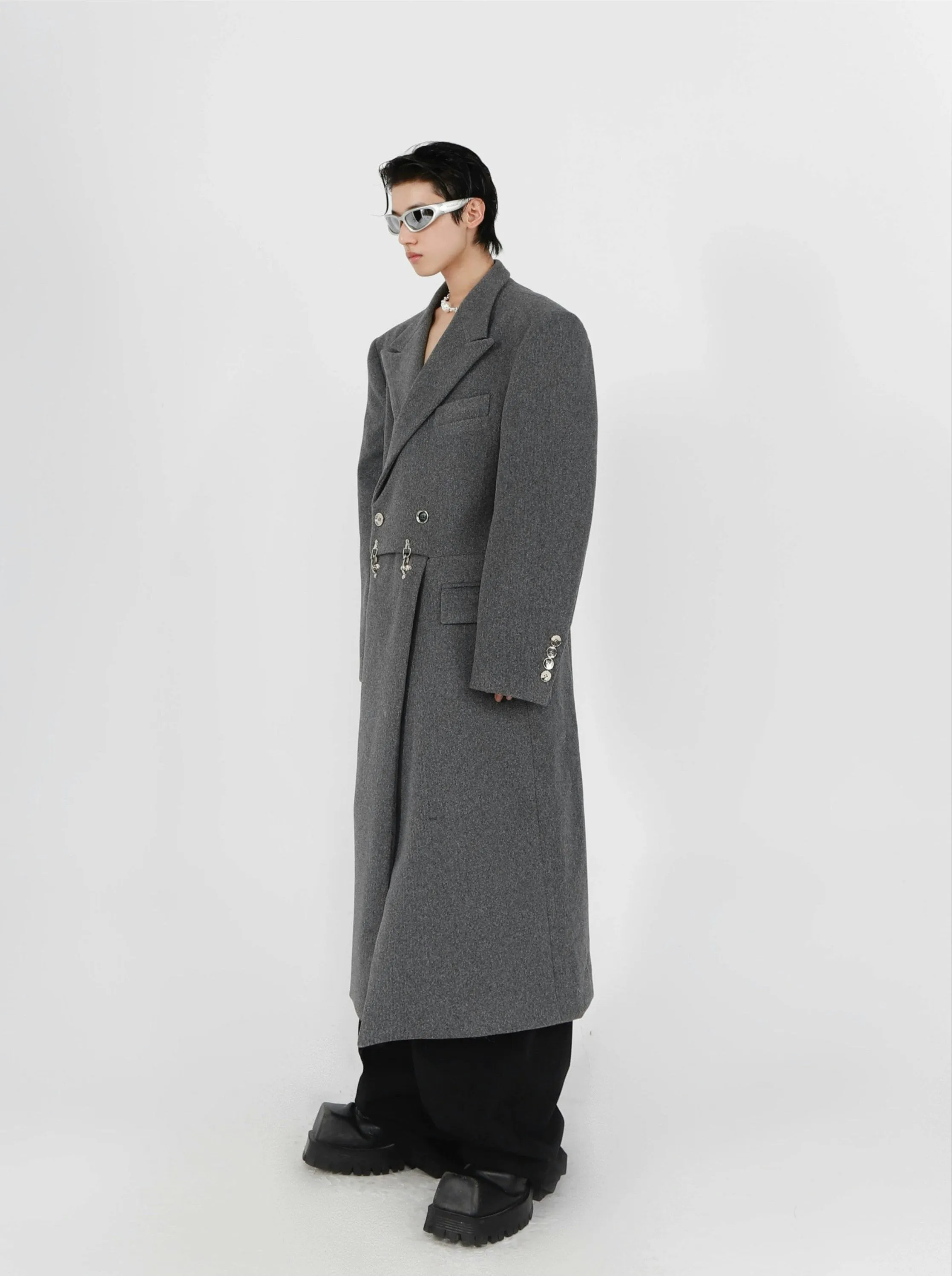 Double-Breasted Boxy Trench Coat with Metal Buckle