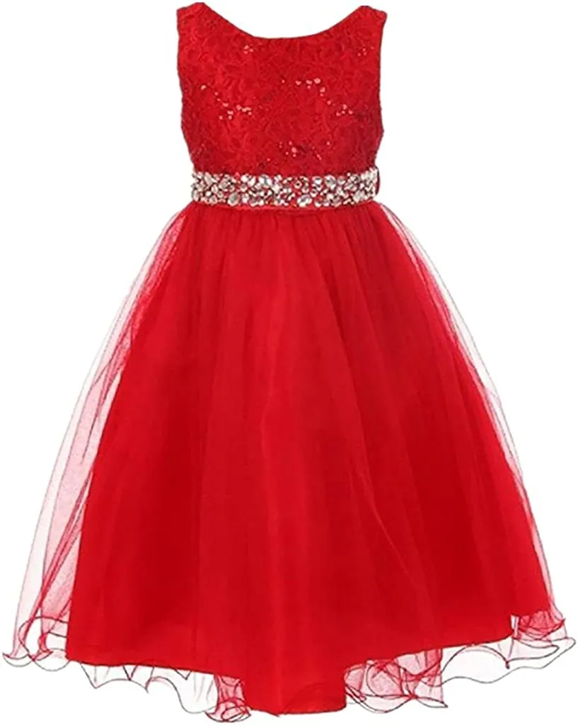 DreamHigh Wedding Flower Girl's Sequined Shining Crystal Waist Evening Dress up 2-14 Years