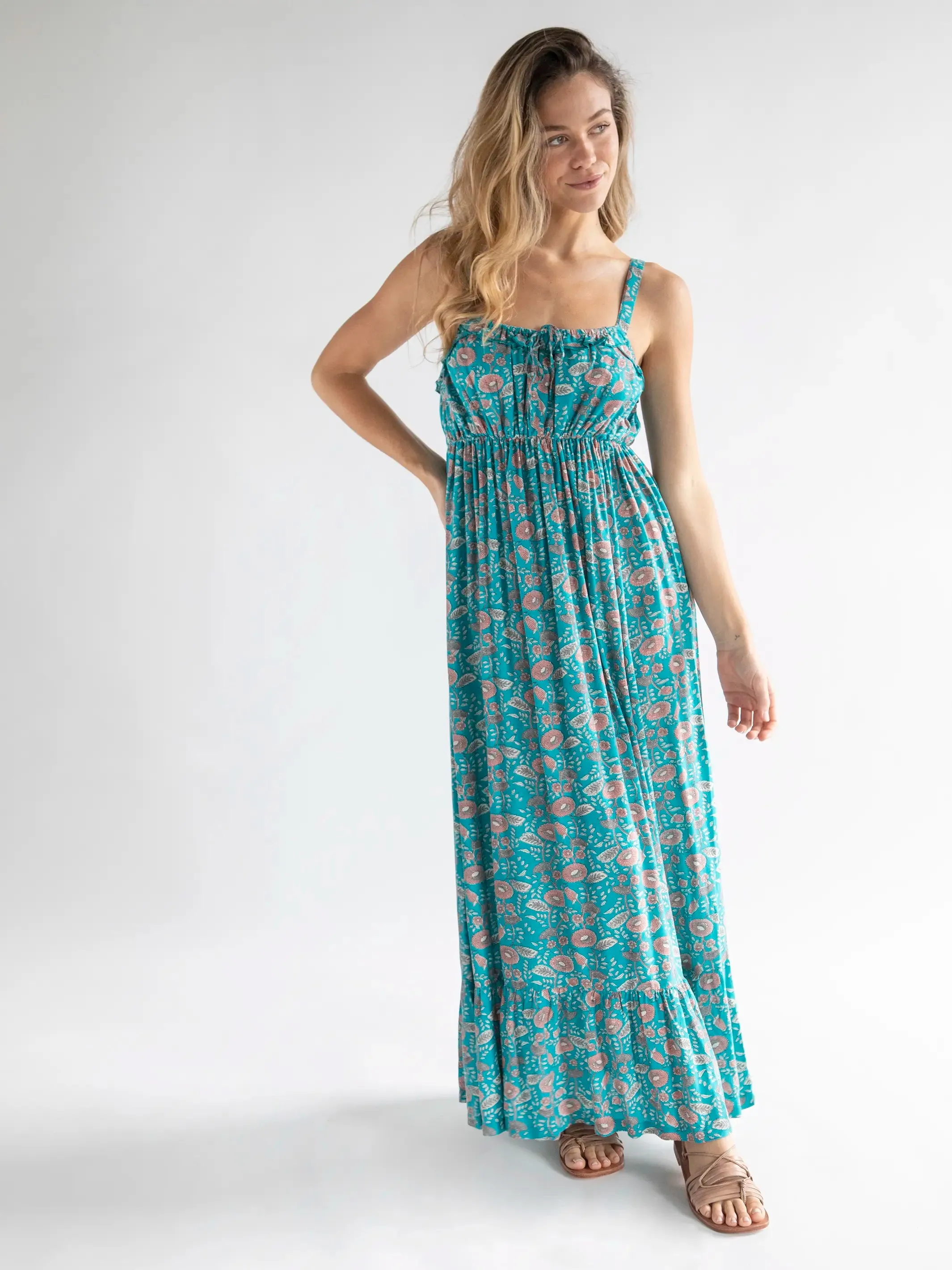 Elizabeth Maxi Dress - Teal Floral Vines