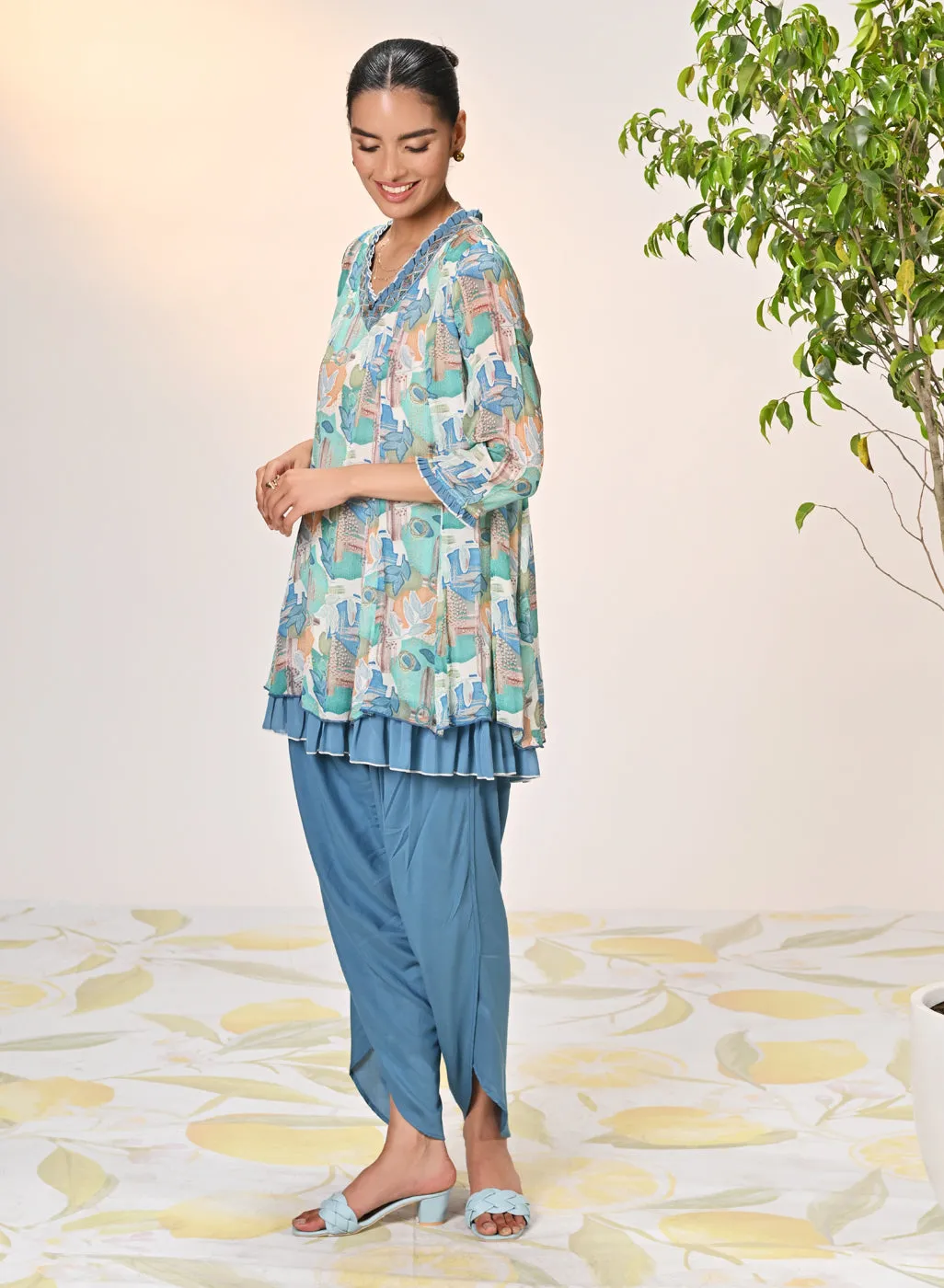 Falak Multicoloured Blue Printed Chiffon Tunic Set for Women