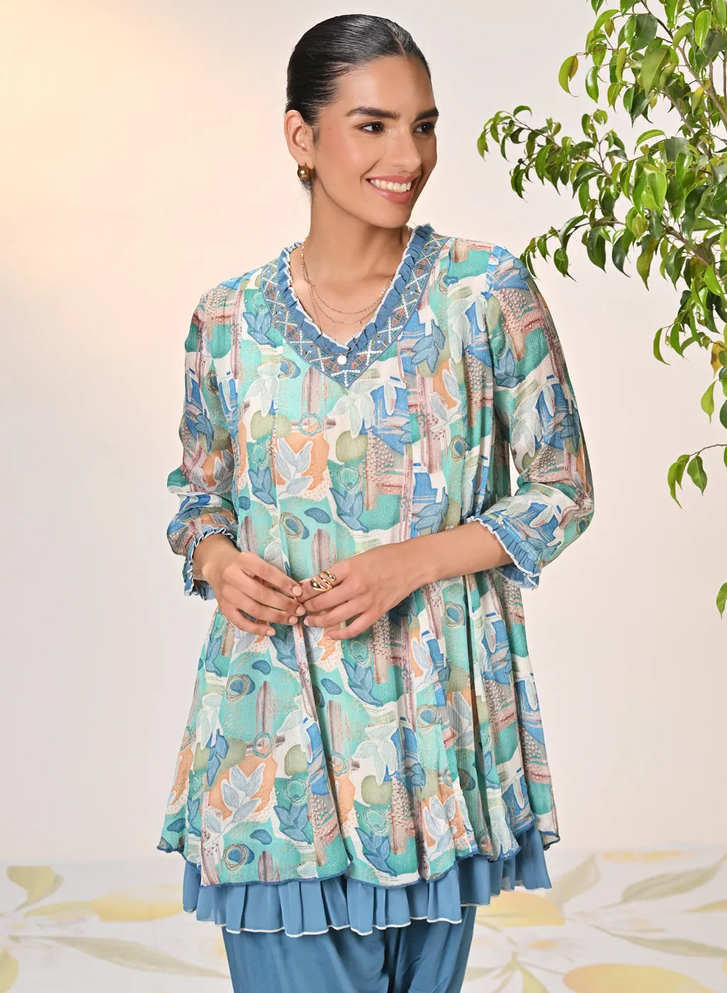 Falak Multicoloured Blue Printed Chiffon Tunic Set for Women