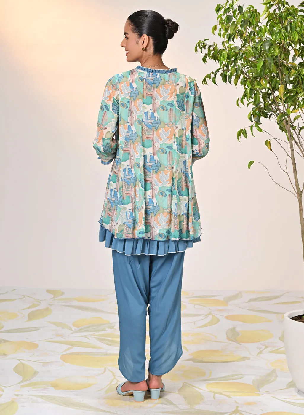 Falak Multicoloured Blue Printed Chiffon Tunic Set for Women