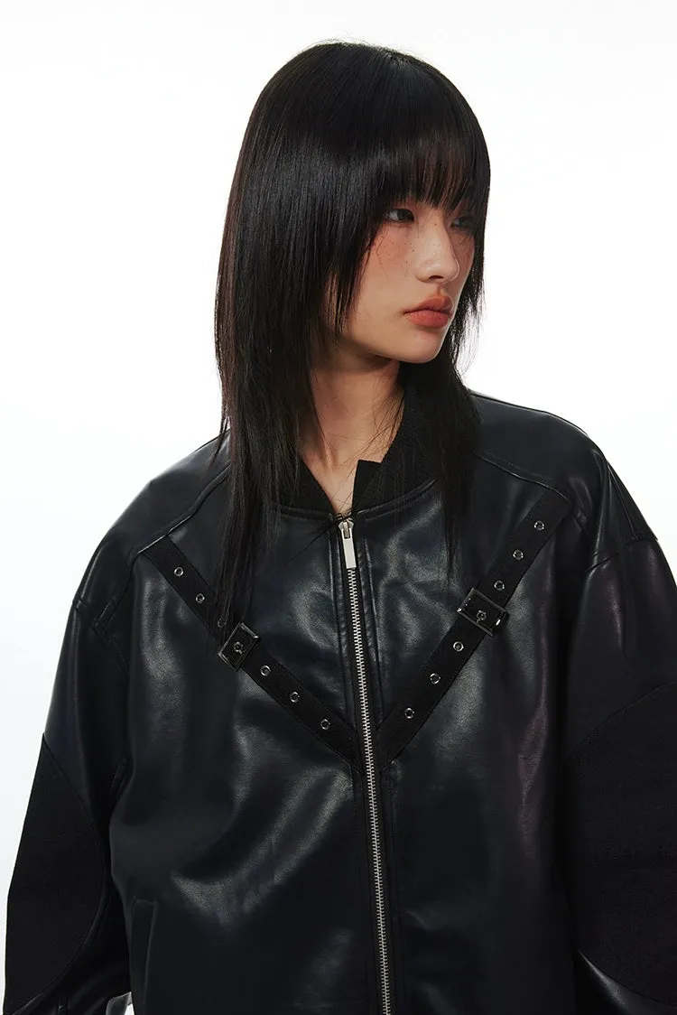 Faux Leather Bomber Jacket with Belt Studded Detail