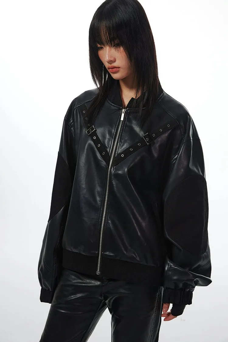 Faux Leather Bomber Jacket with Belt Studded Detail