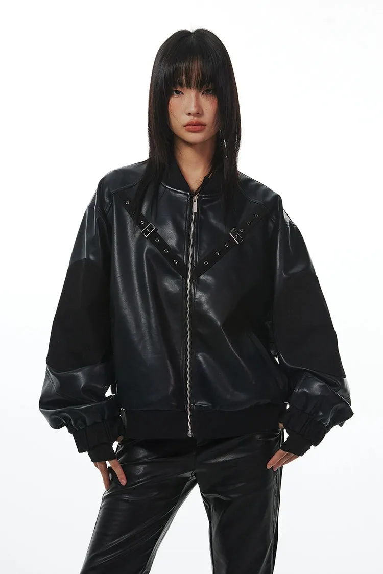 Faux Leather Bomber Jacket with Belt Studded Detail