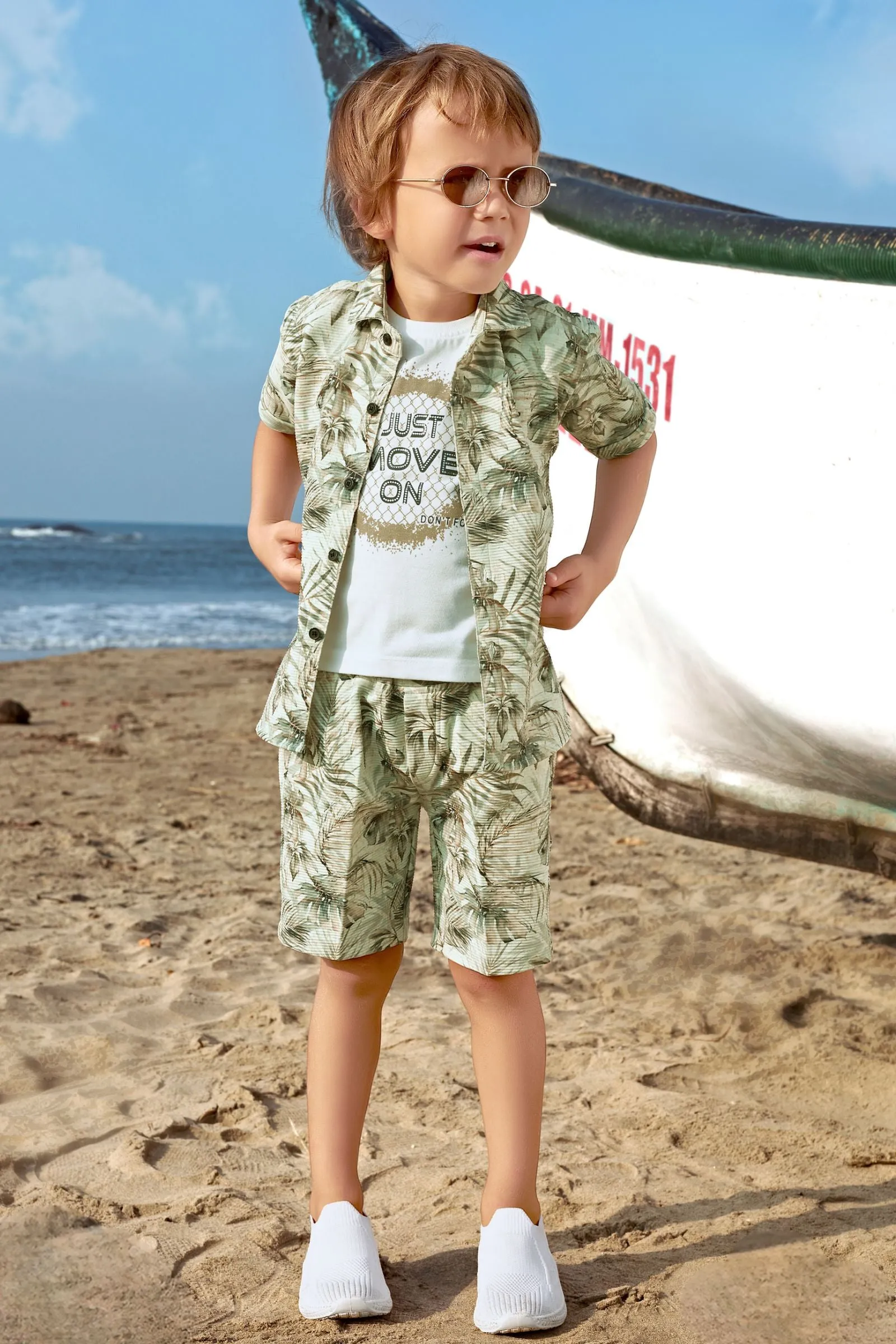 Fawn with White Printed Co-Ord Set for Boys