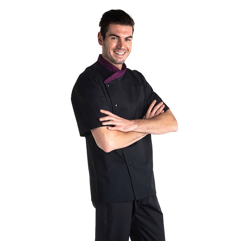 Fitted Short Sleeve Kitchen Coat with Aubergine Collar - MANELLI