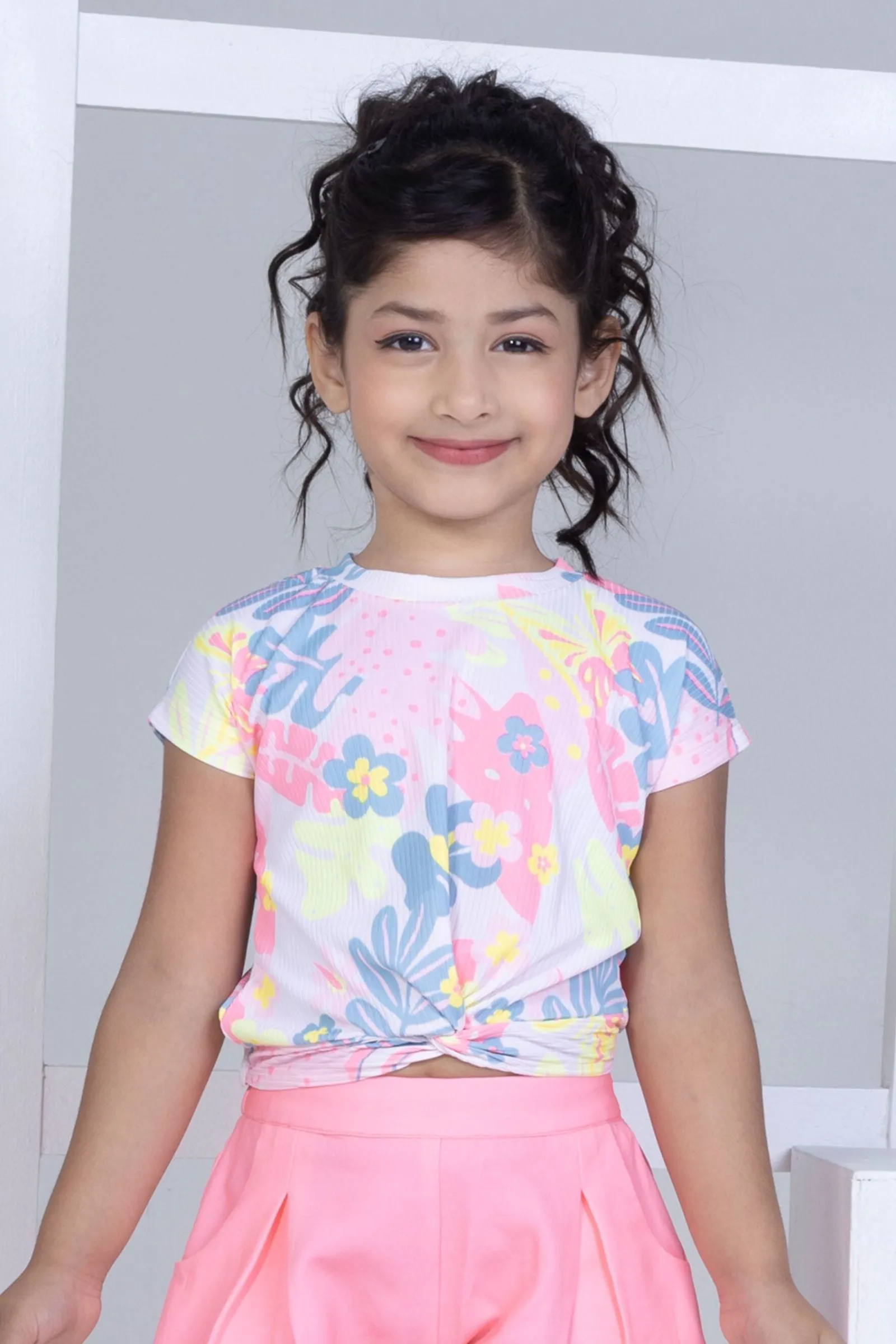 Fluorescent Pink with Multicolor Printed Top and Shorts For Girls