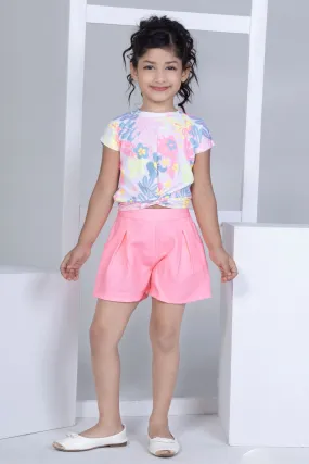 Fluorescent Pink with Multicolor Printed Top and Shorts For Girls