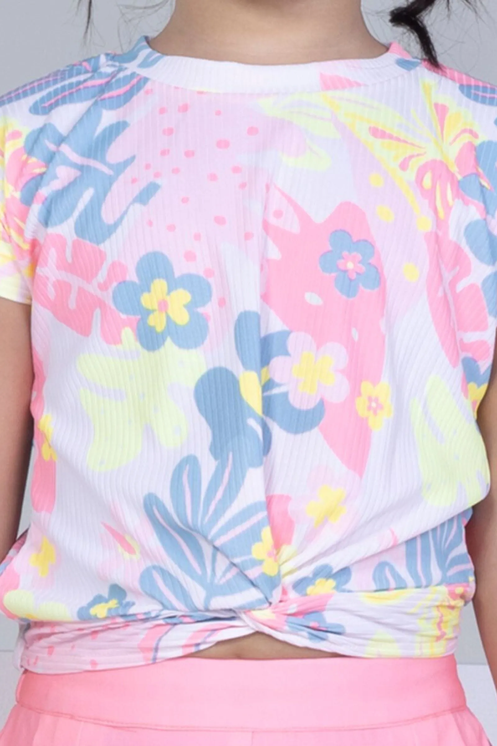 Fluorescent Pink with Multicolor Printed Top and Shorts For Girls