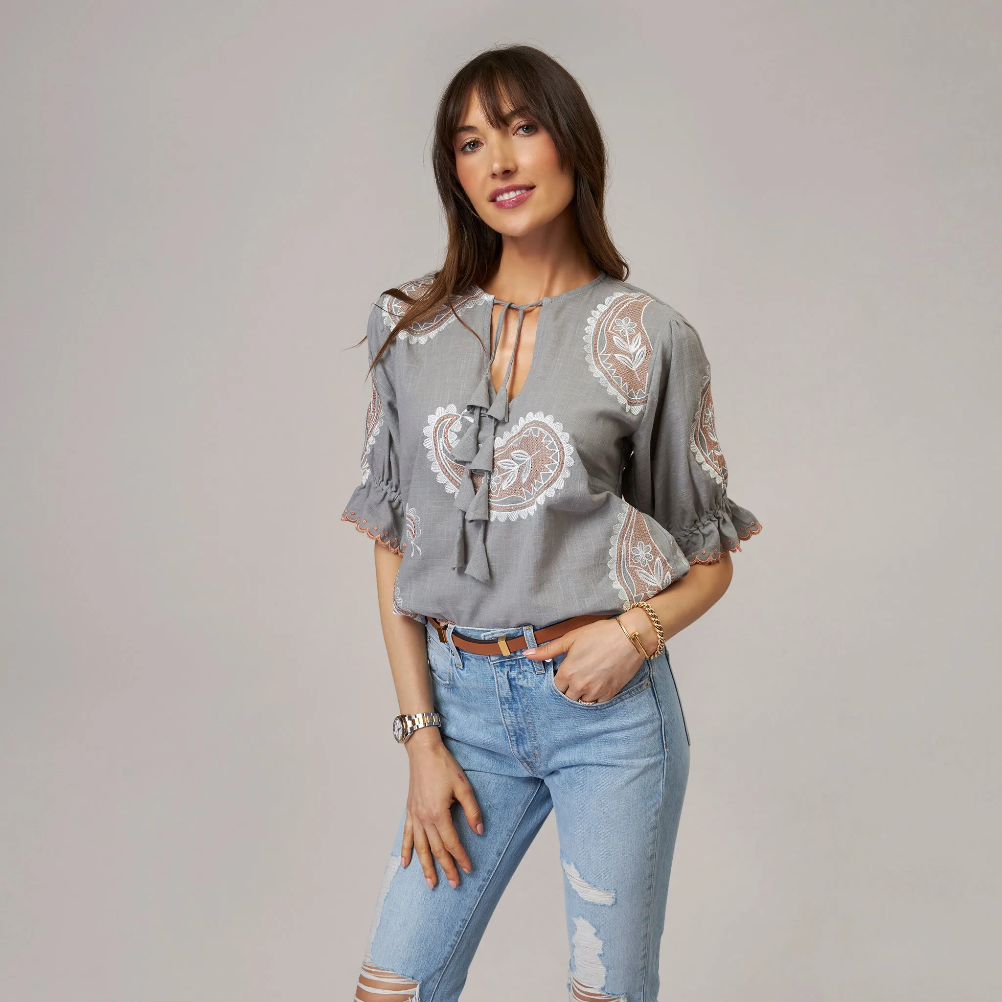 Francie Linen embroidered splitneck blouse