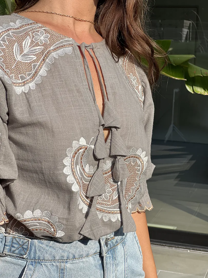 Francie Linen embroidered splitneck blouse