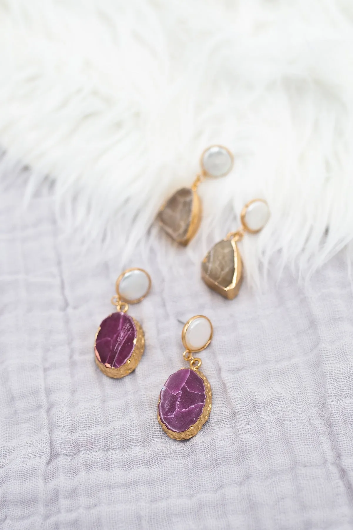 Geode and Pearl Post Earrings