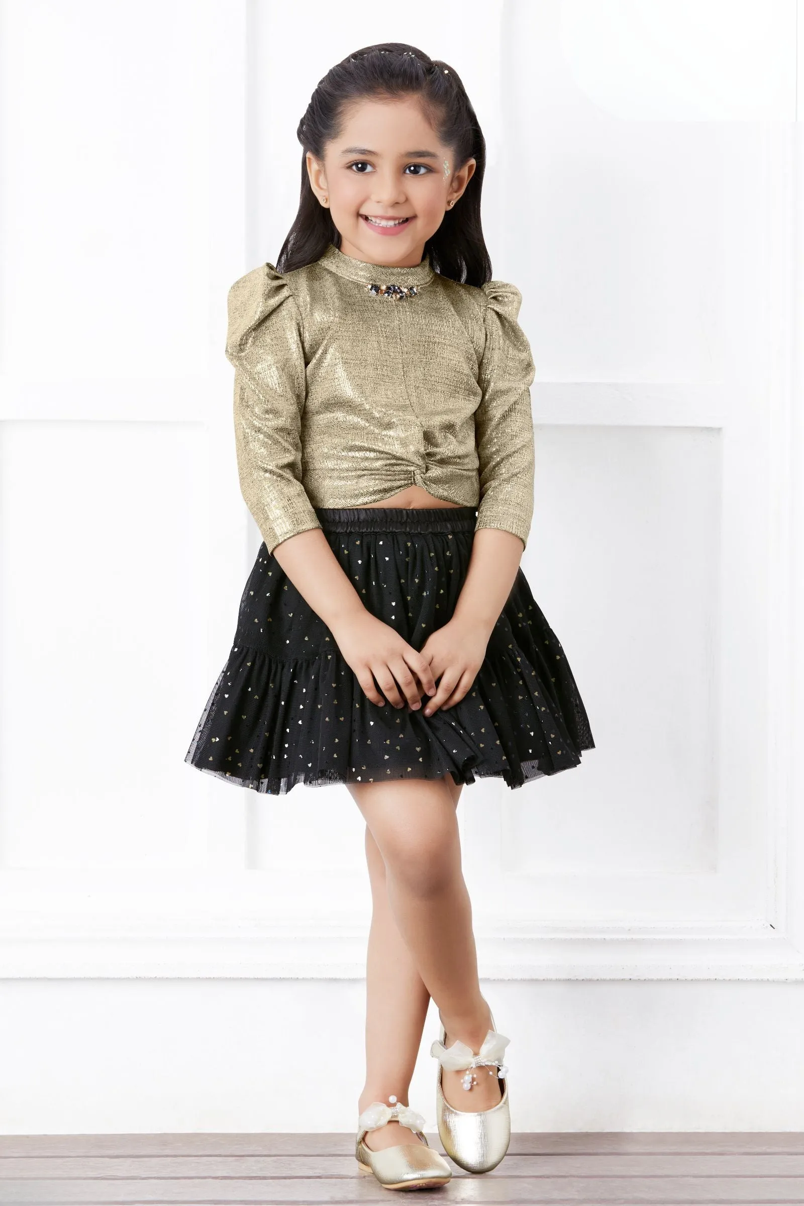 Gold and Black Printed Top with Divider Skirt for Girls