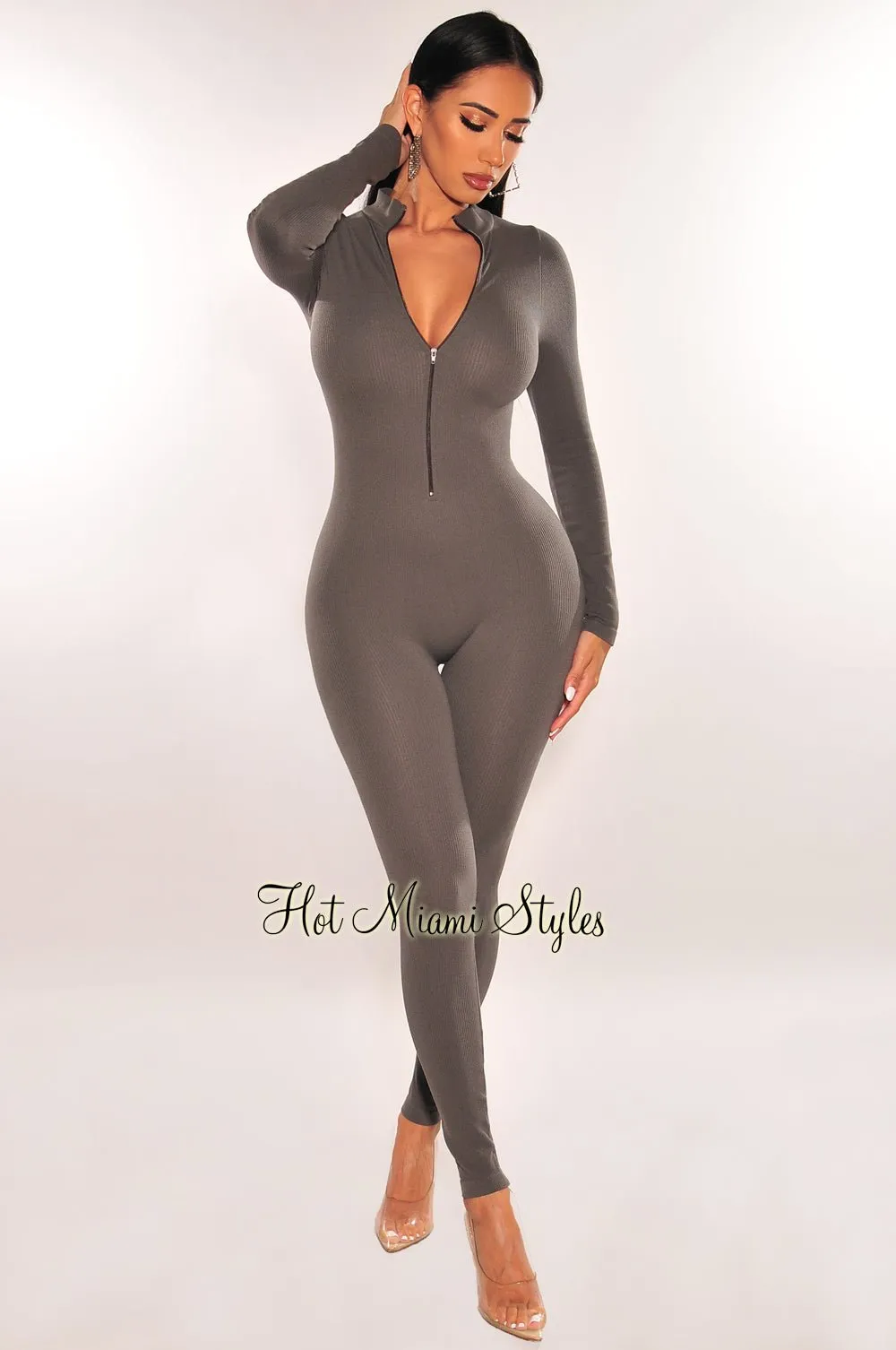 Gray Ribbed Mock Neck Long Sleeve Zipper Jumpsuit