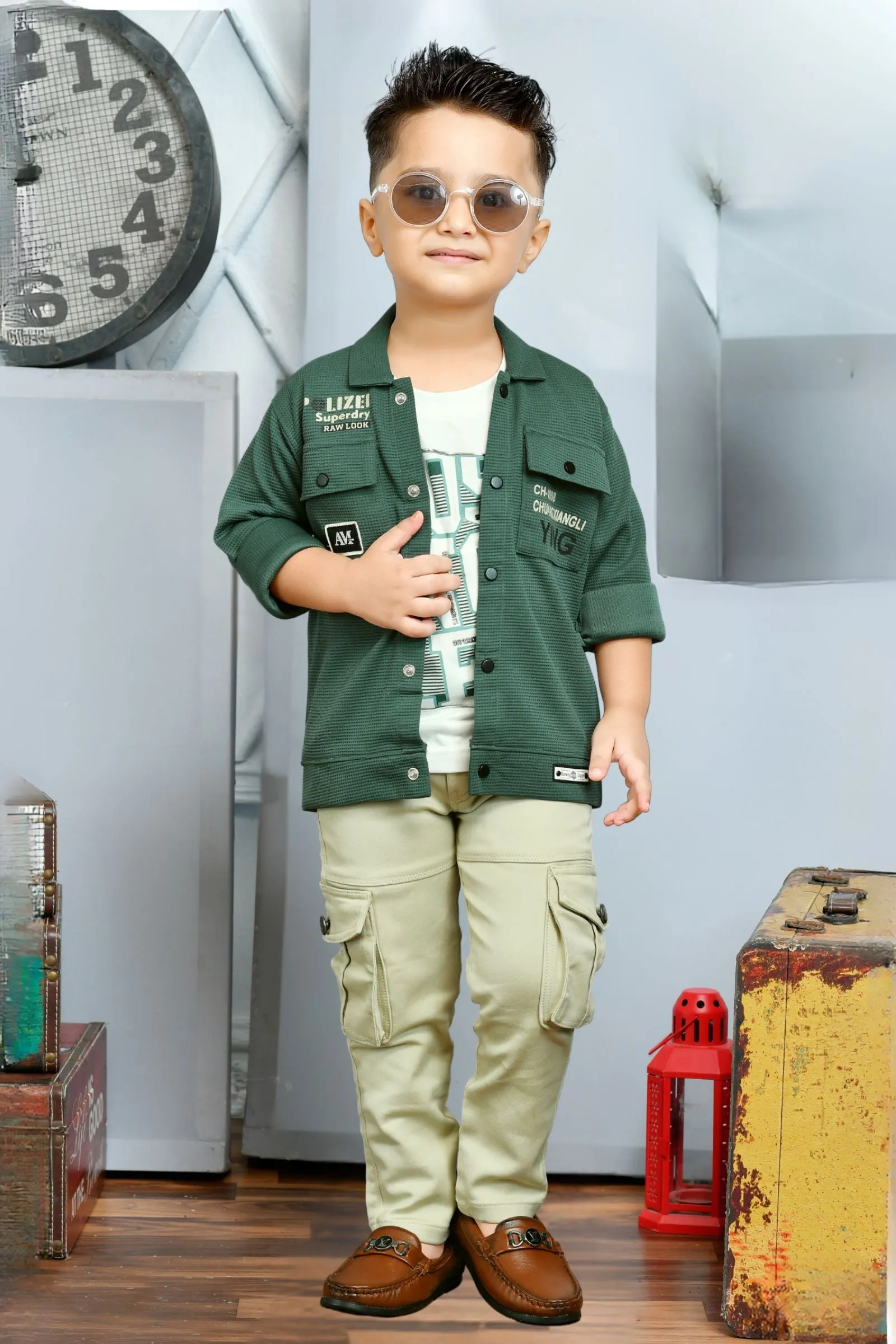 Green and White Printed Blazer, T-Shirt and Light Green Cargo Pant Set for Boys