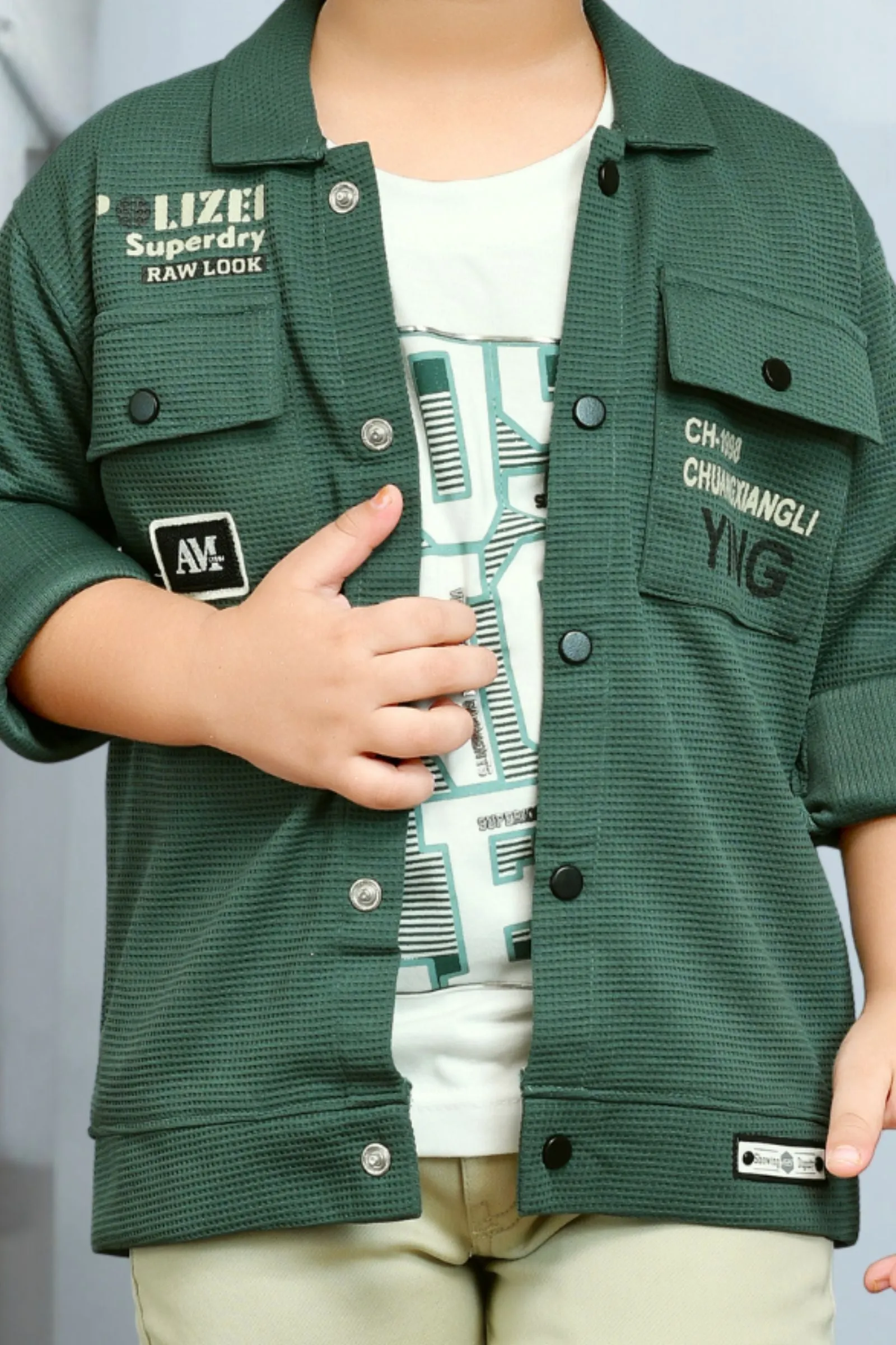 Green and White Printed Blazer, T-Shirt and Light Green Cargo Pant Set for Boys