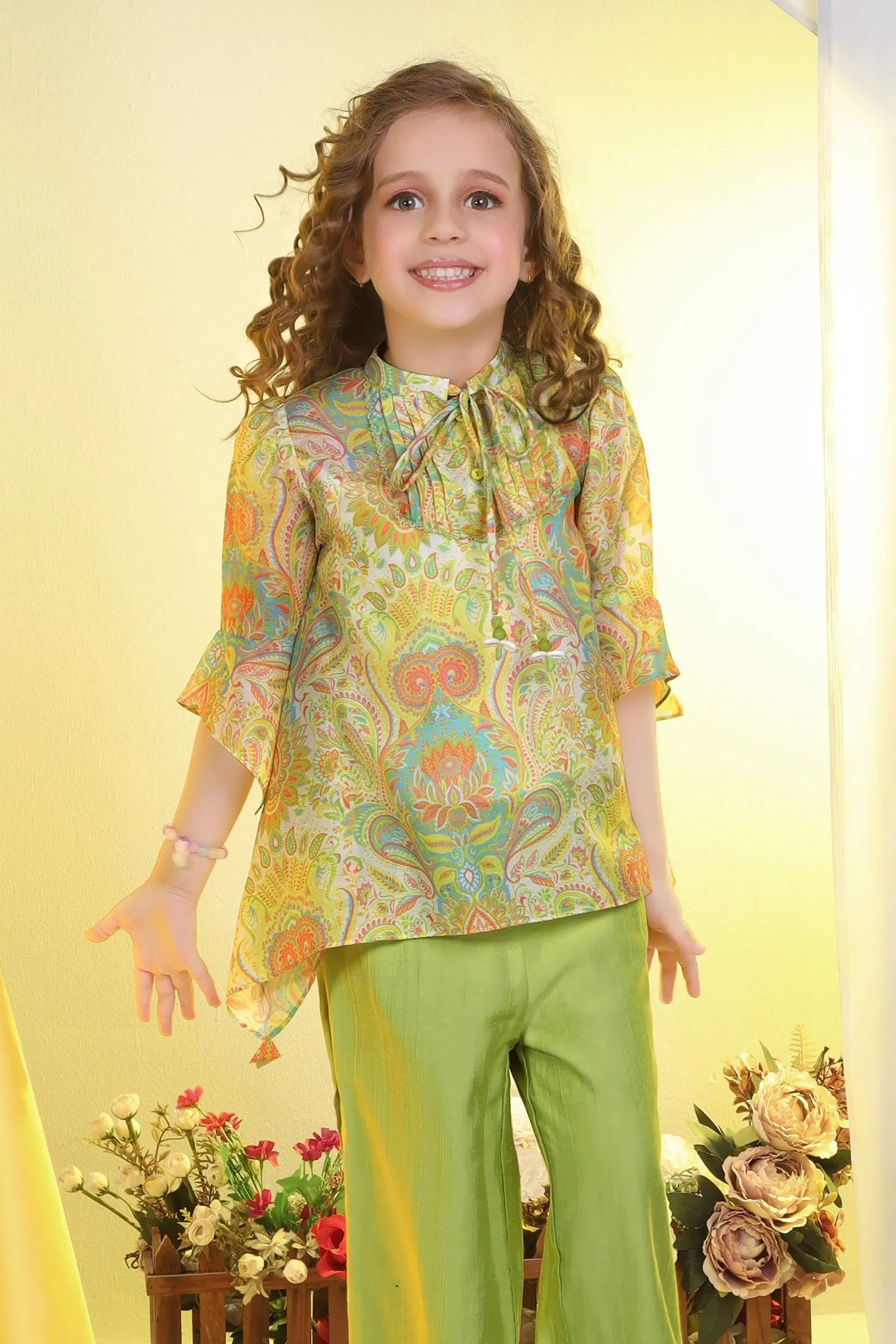 Green Digital Print Top and Palazzo Set for Girls