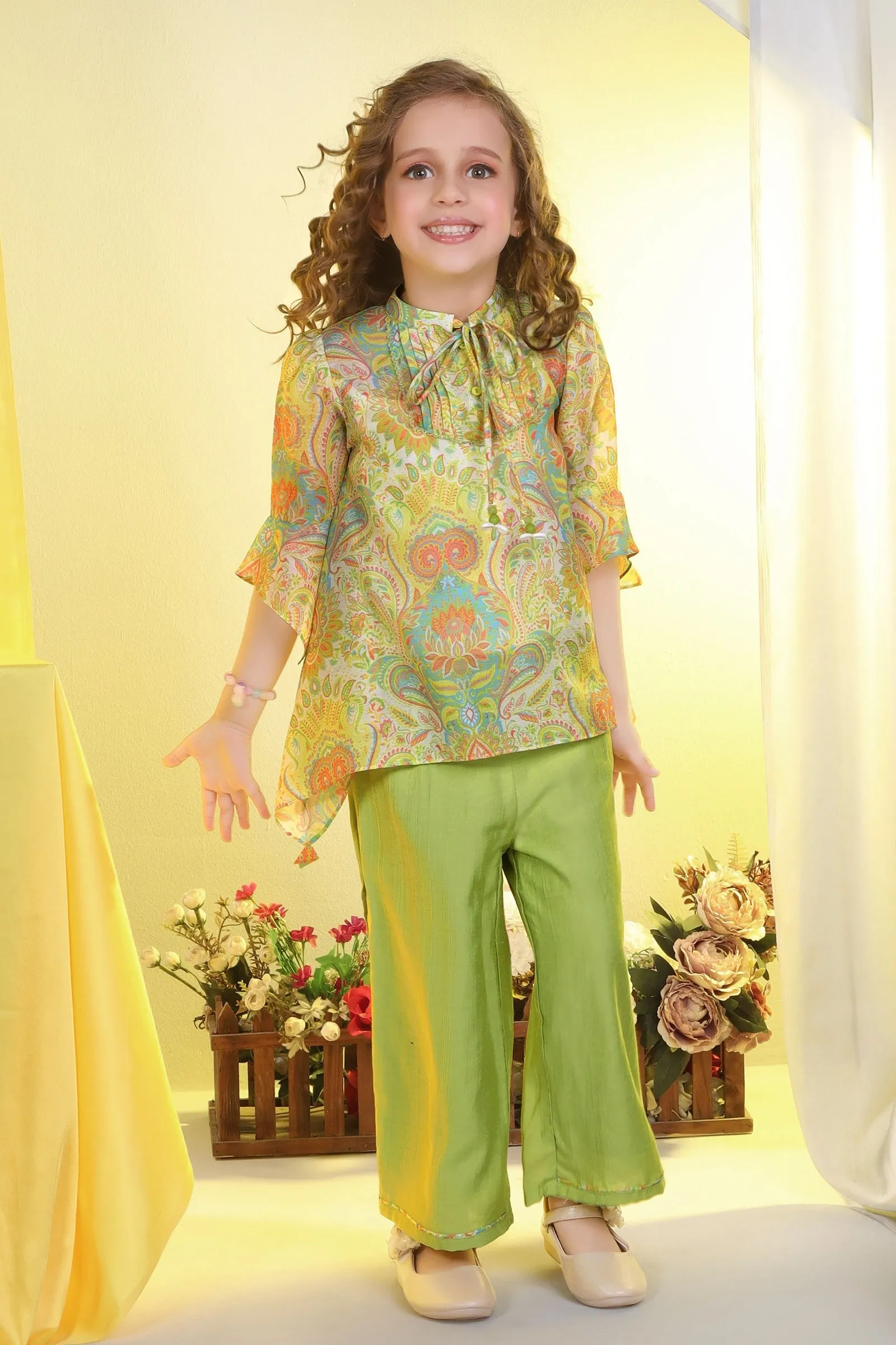 Green Digital Print Top and Palazzo Set for Girls