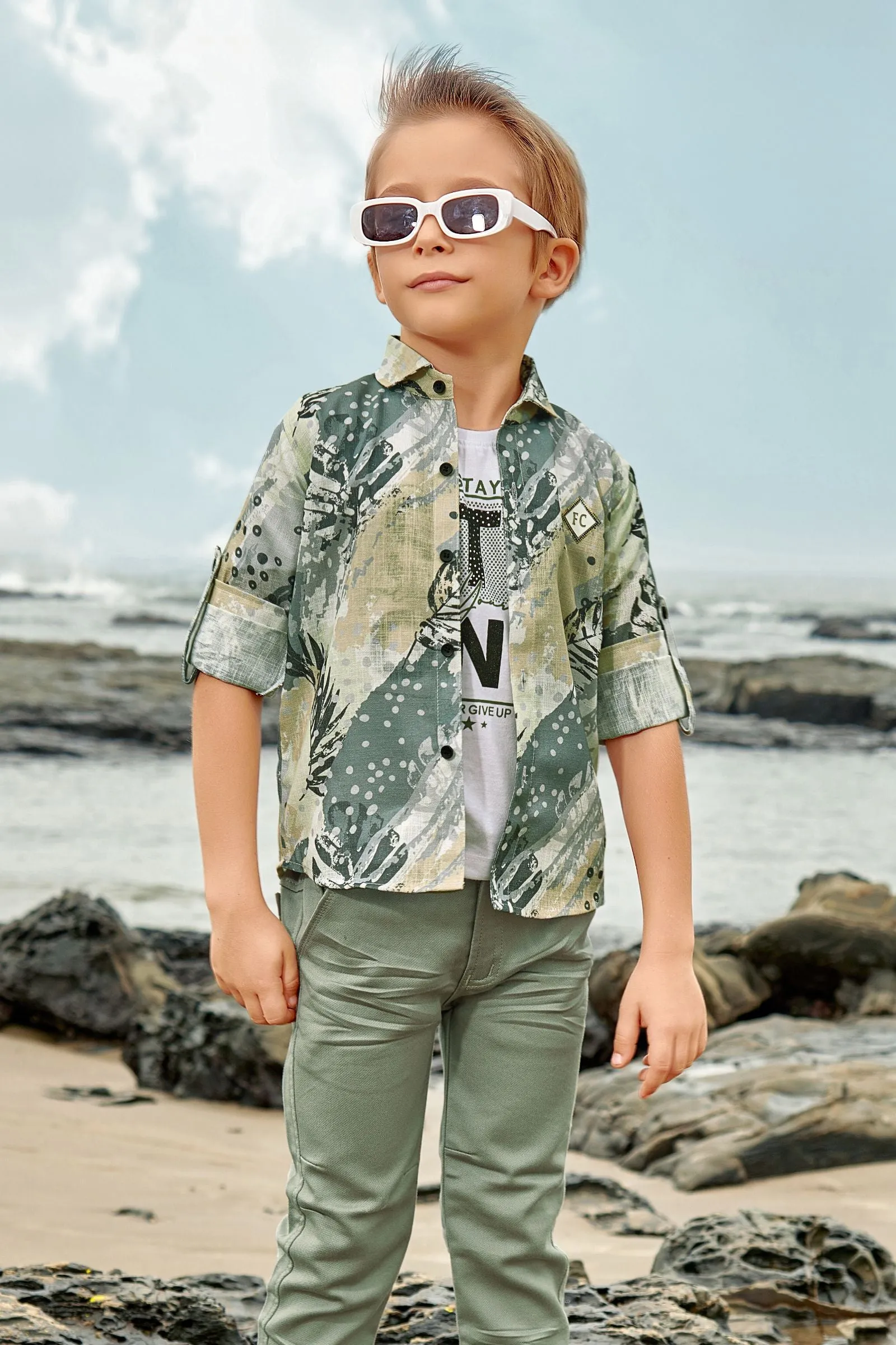 Green with White Printed Blazer, T-Shirt and Pant Set for Boys with Belt