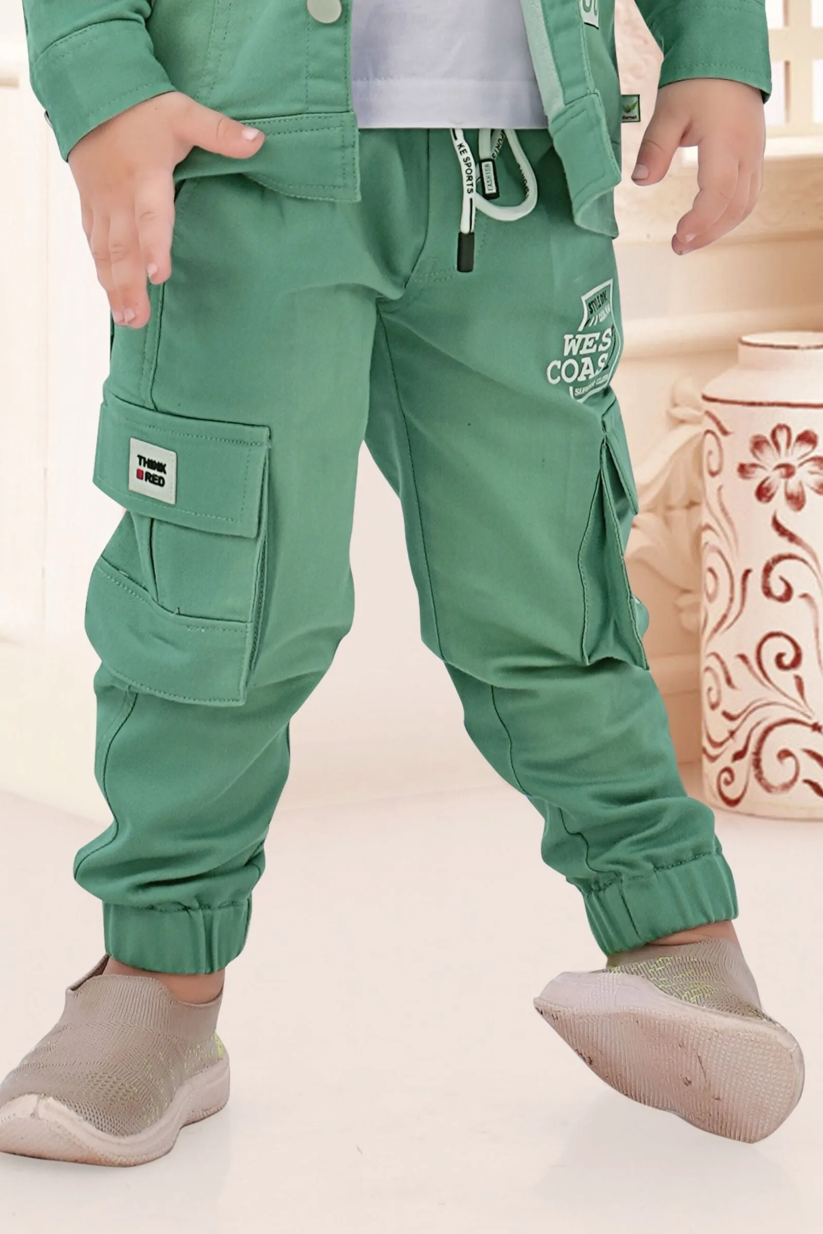 Green with White Printed Waist Coat and Joggers Set for Boys