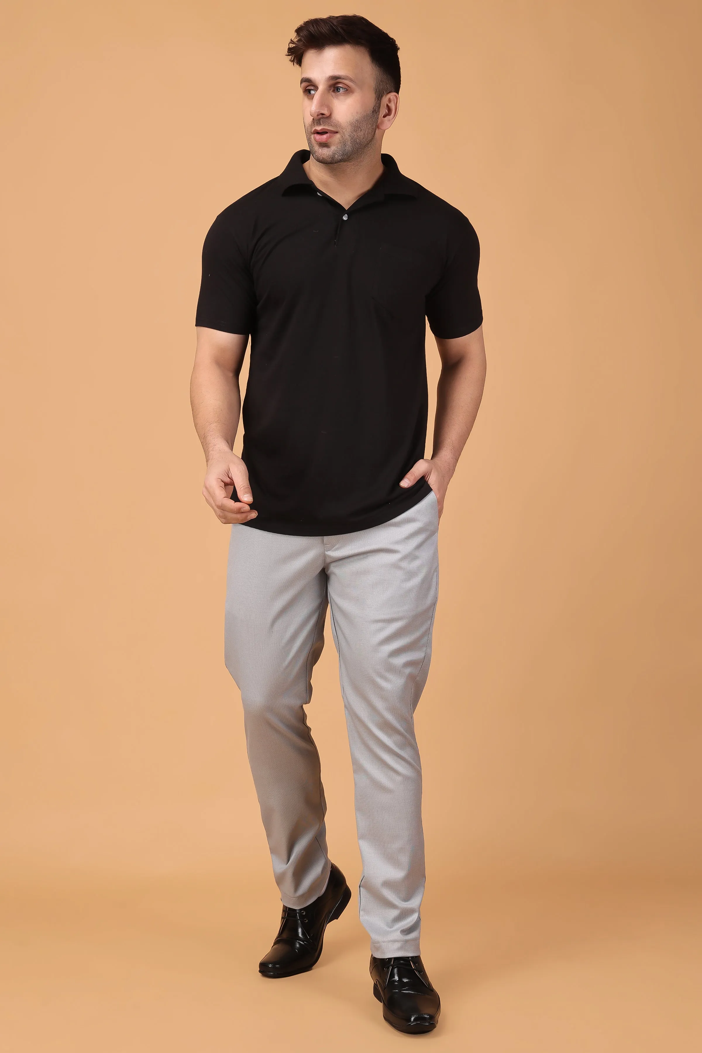 Grey Textured Comfort Fit Formal Trousers