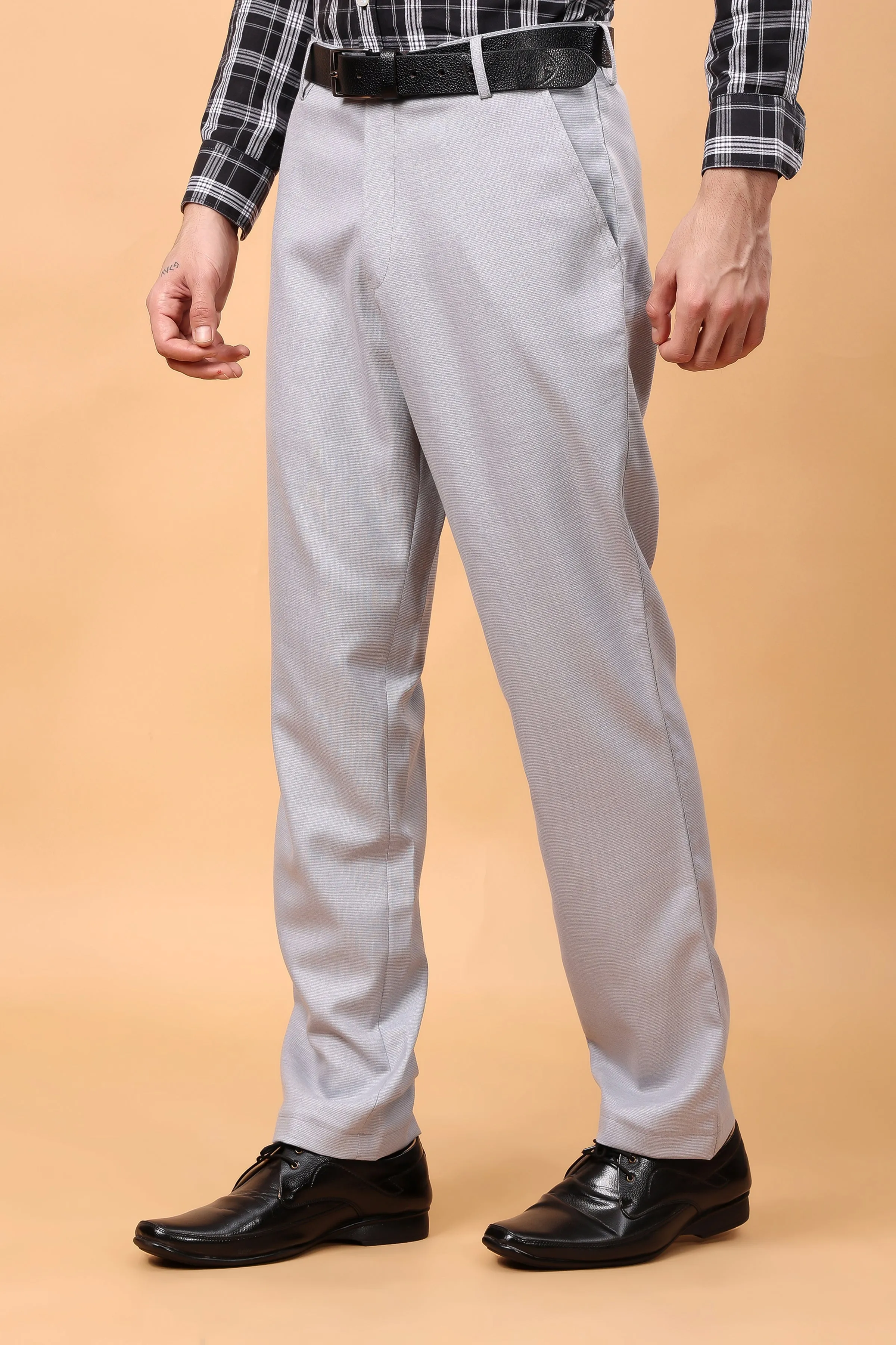 Grey Textured Stretch Trousers