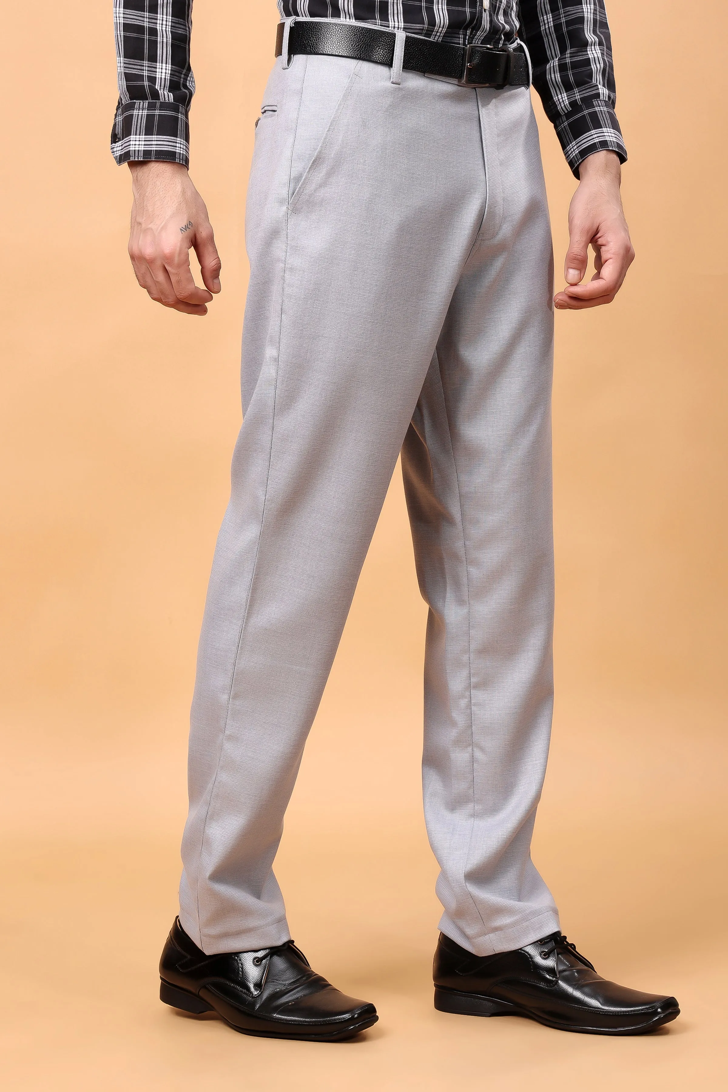 Grey Textured Stretch Trousers