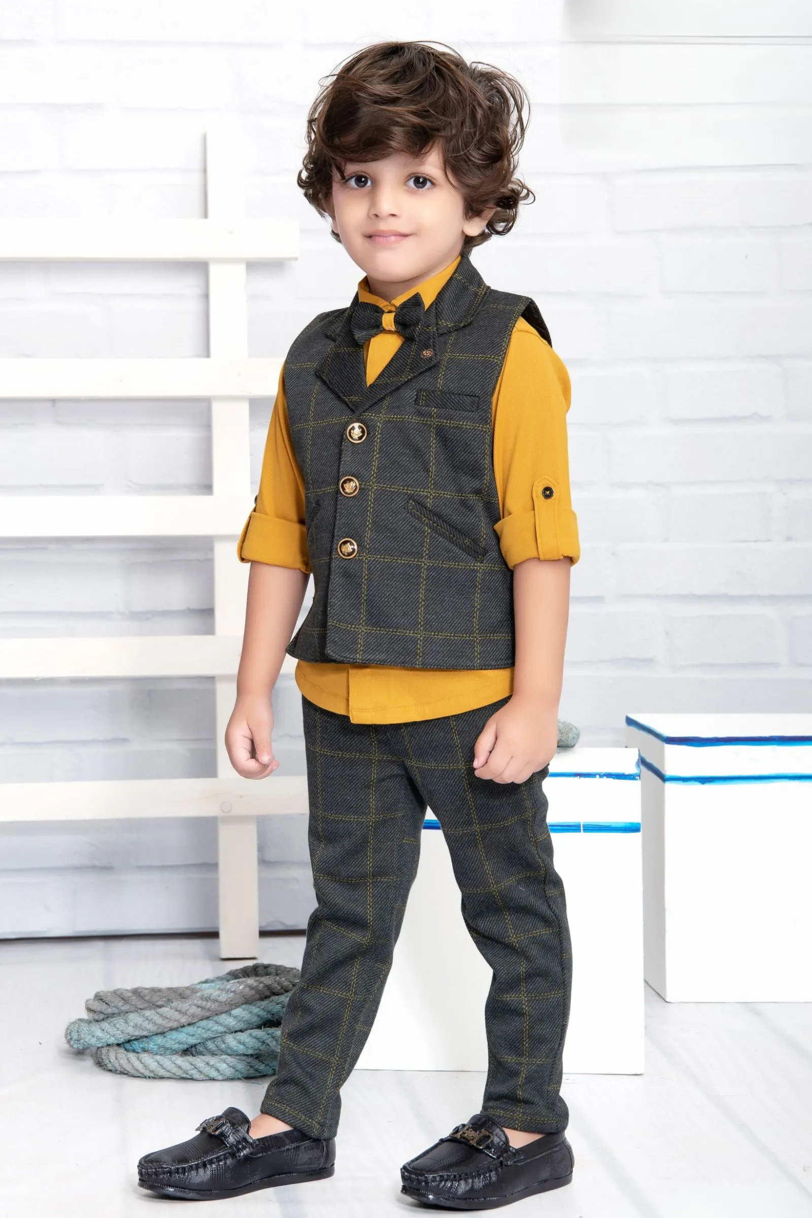 Grey with Mustard Waist Coat and Set for Boys