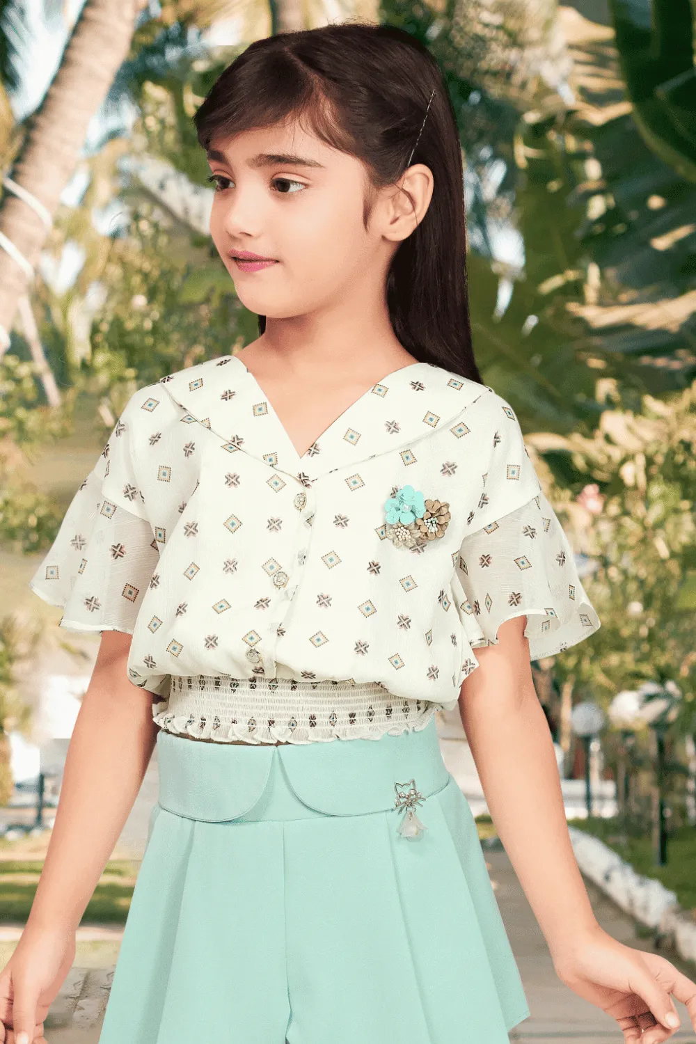 Half White Digital Print and Zari Weaving Top and Mint Green Divider Skirt for Girls