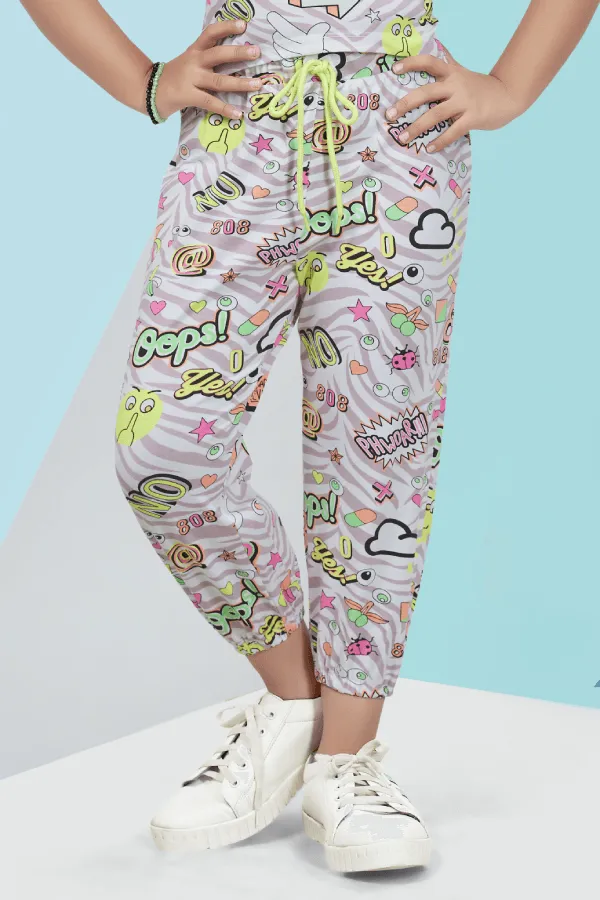 Half White with Multicolor Print Top with Joggers Set for Girls