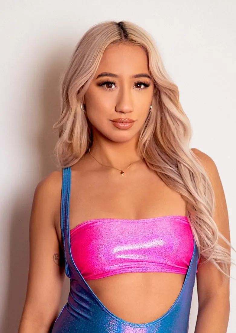 Hologram Swim Bandeau Top in Neon Pink