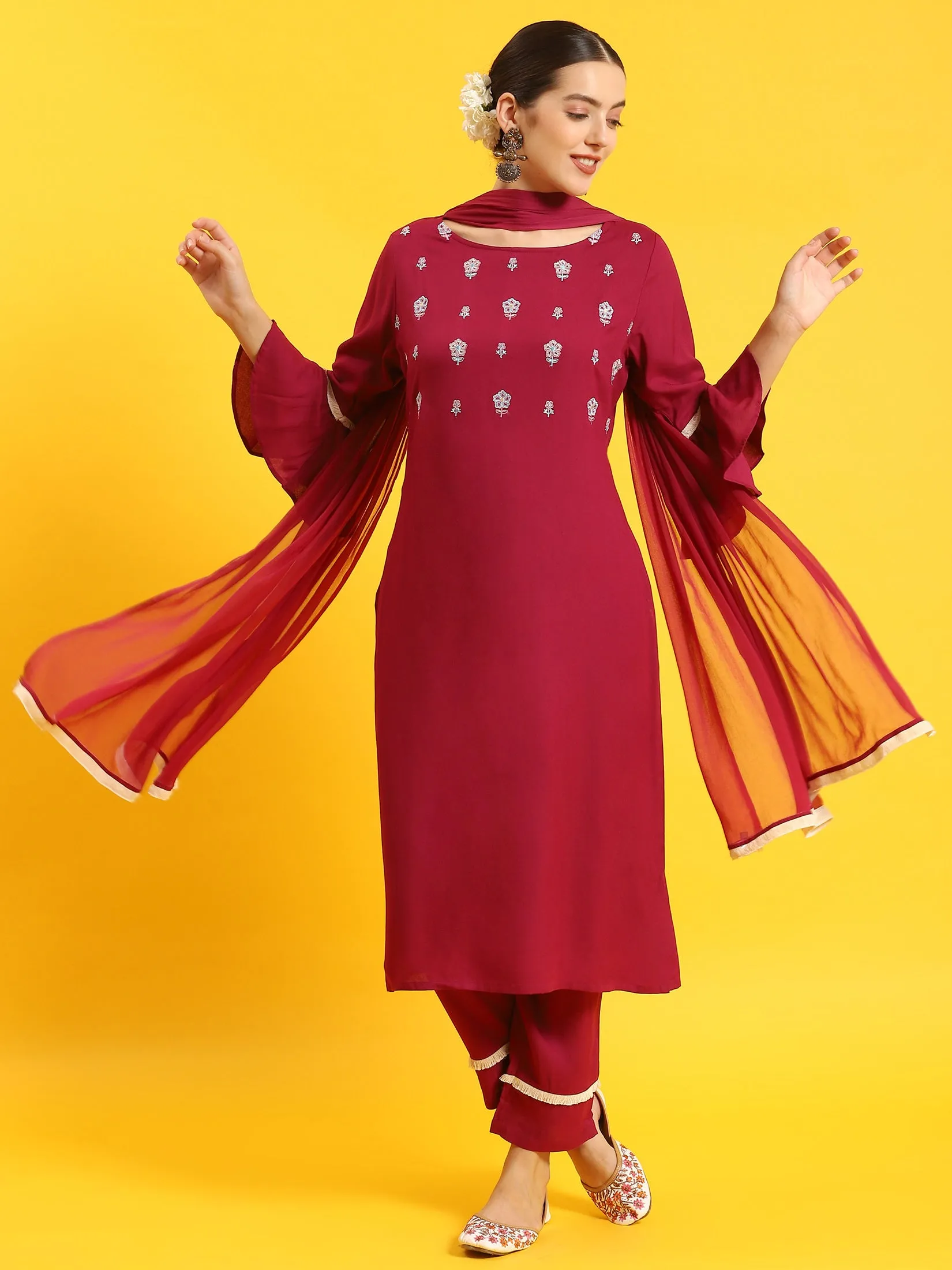 Indiessence Women Burgundy Embroidered Kurta Trouser Dupatta