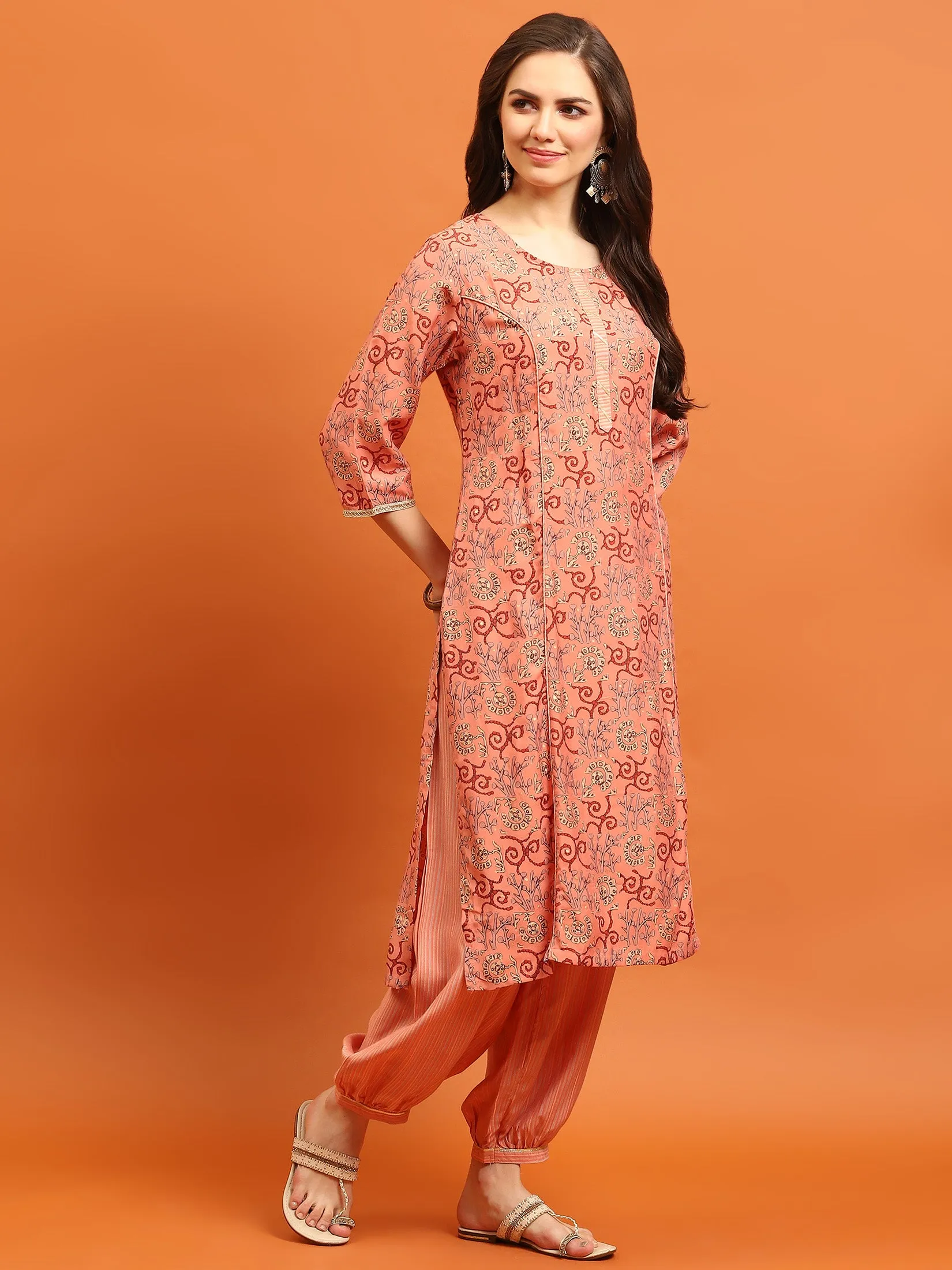 Indiessence Women Peach Abstract Printed Kurta Harem Pant Dupatta