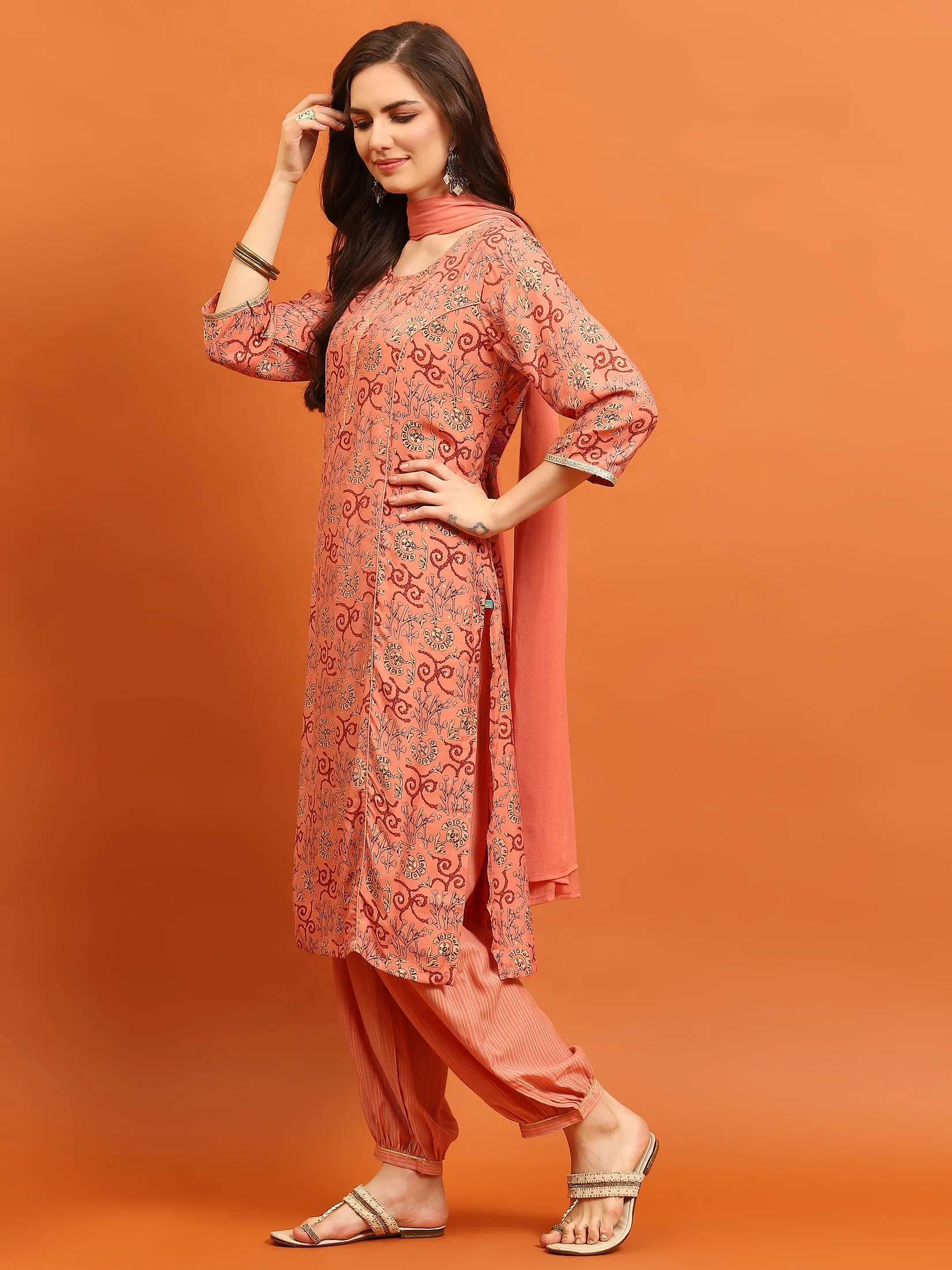 Indiessence Women Peach Abstract Printed Kurta Harem Pant Dupatta