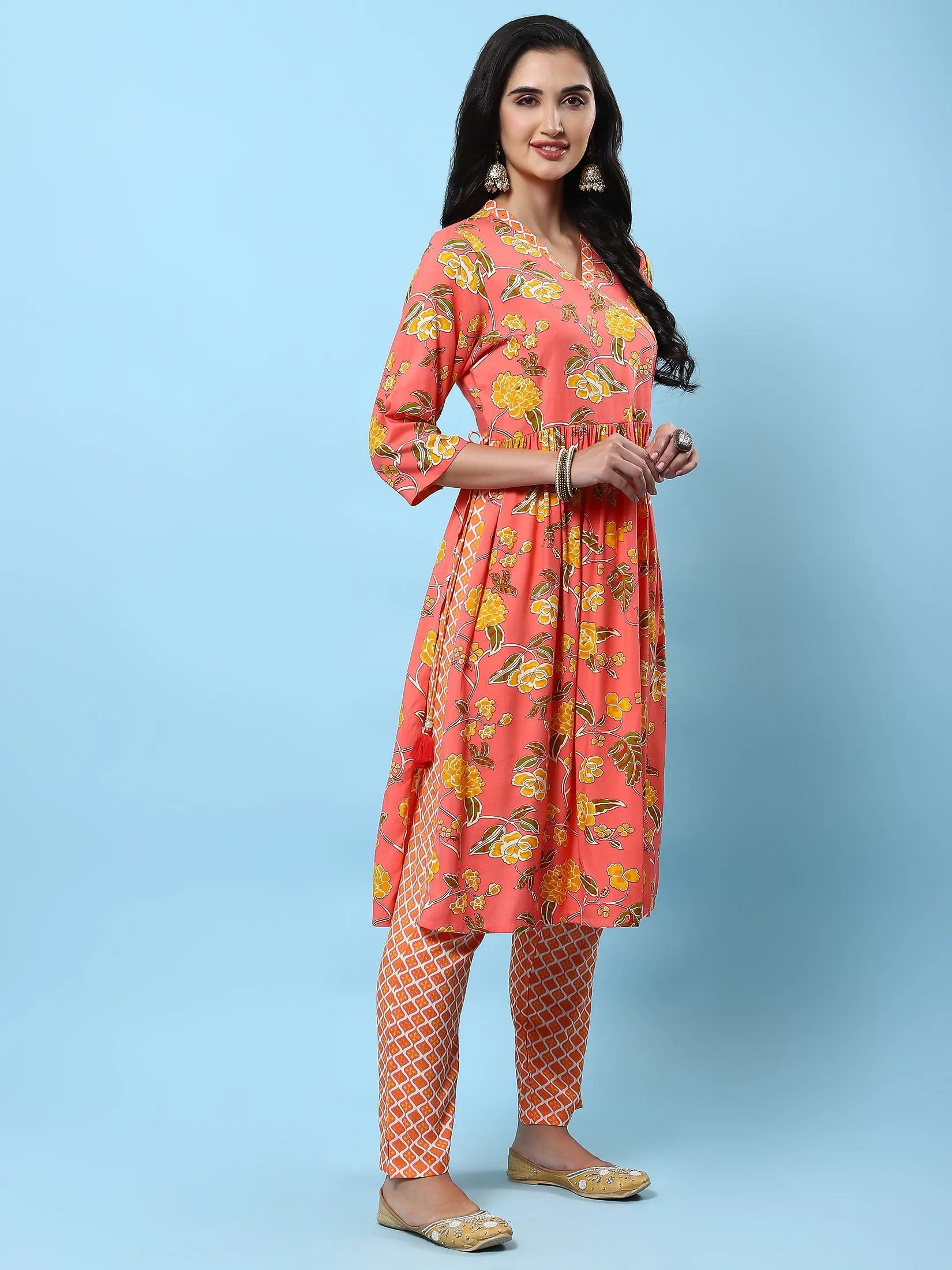 Indiessence Women Peach Floral Printed Kurta Trouser Dupatta