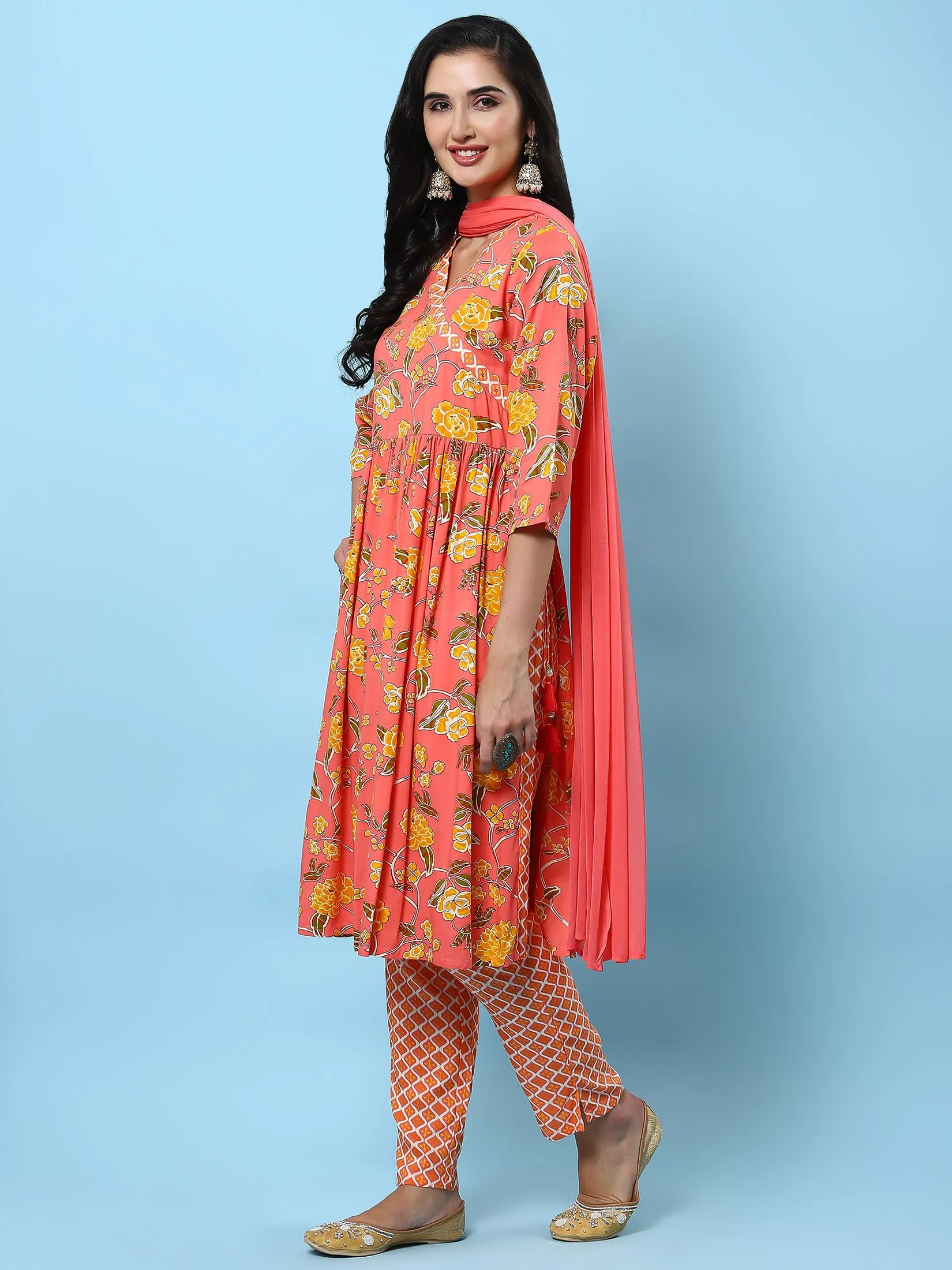 Indiessence Women Peach Floral Printed Kurta Trouser Dupatta