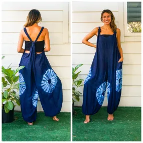 J1541- Shibori Blue Hand Dyed Hippie Racerback Dungarees Jumpsuit Romper