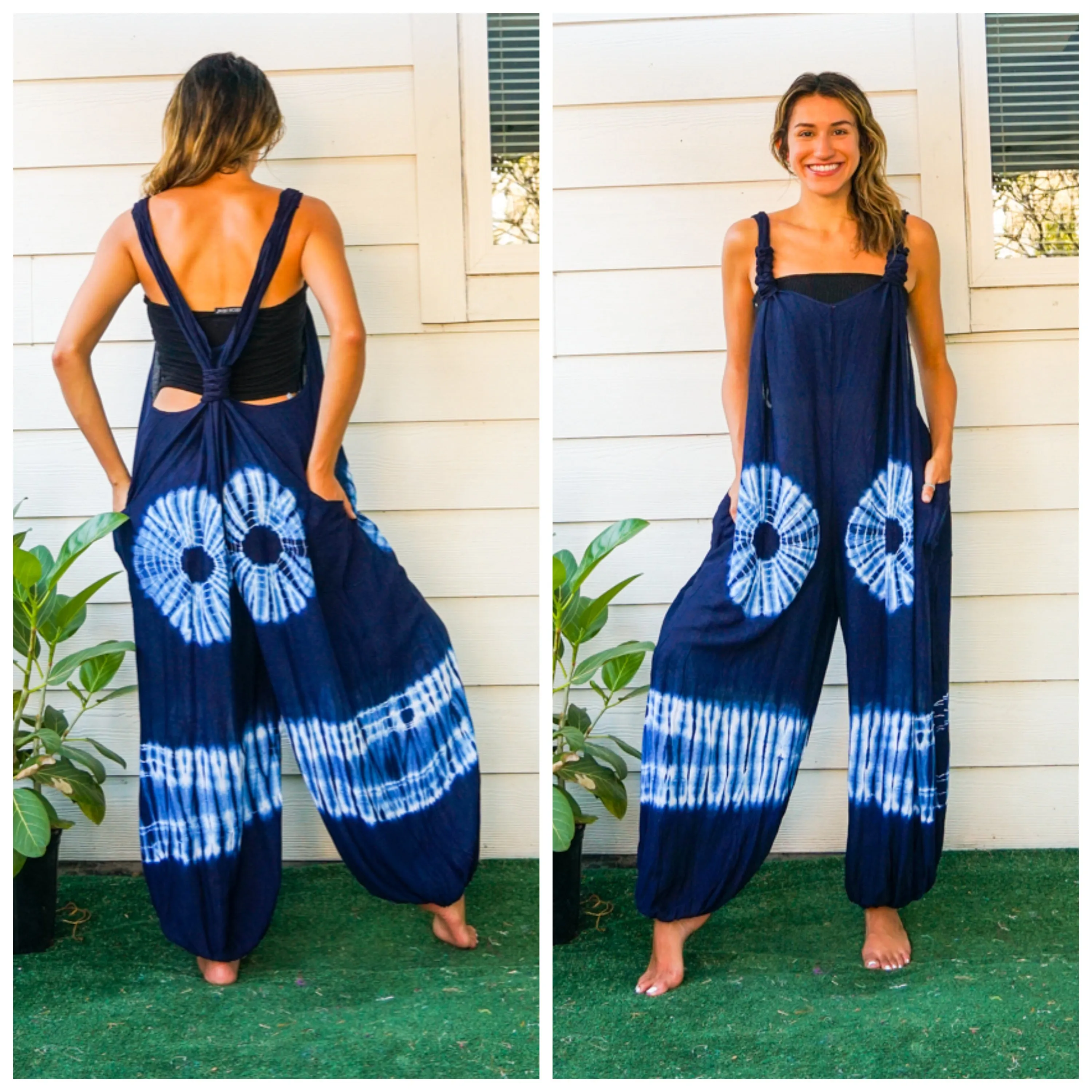 J449- Shibori Blue Hand Dyed Hippie Racerback Dungarees Jumpsuit Romper