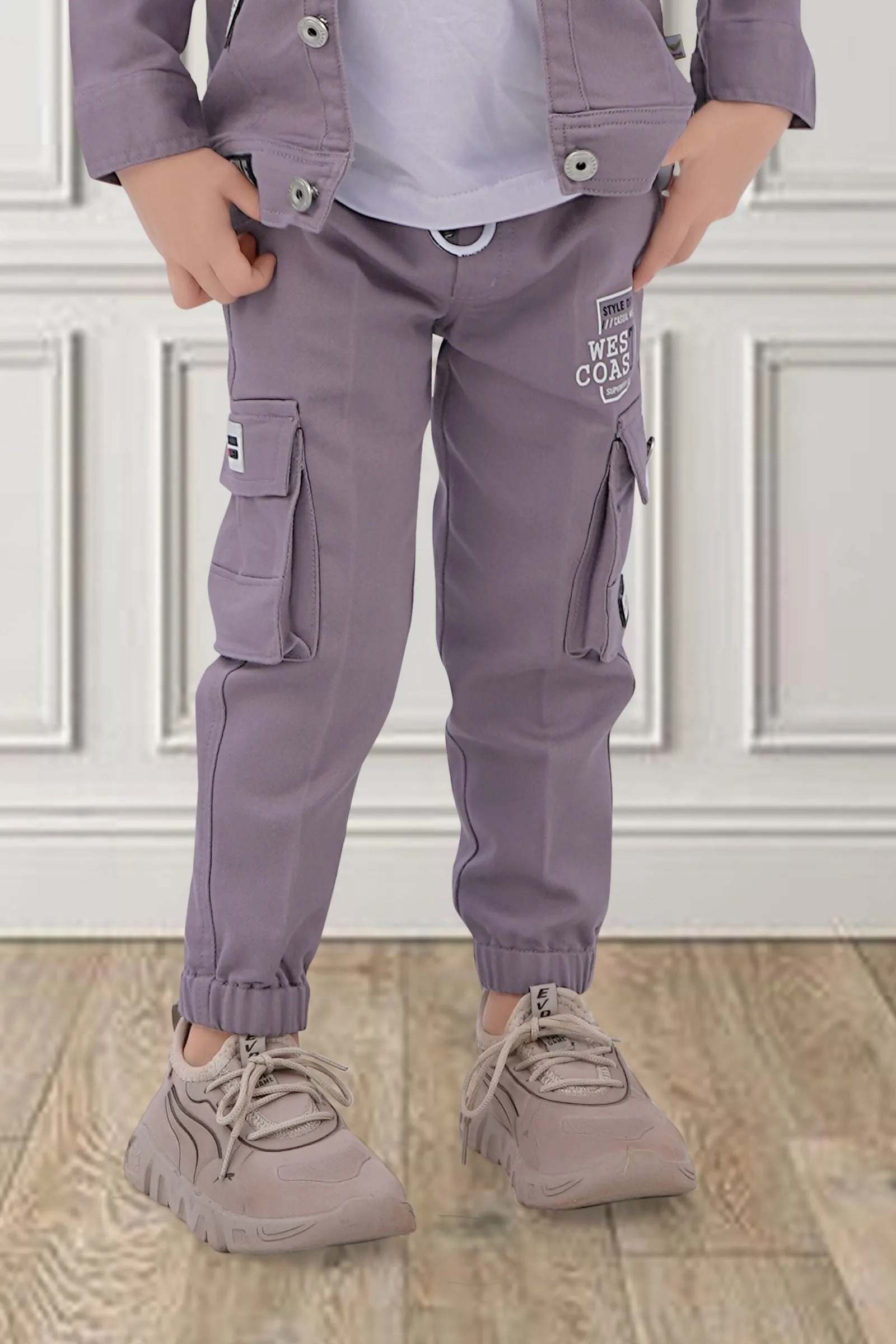 Lavender with White Printed Waist Coat and Joggers Set for Boys