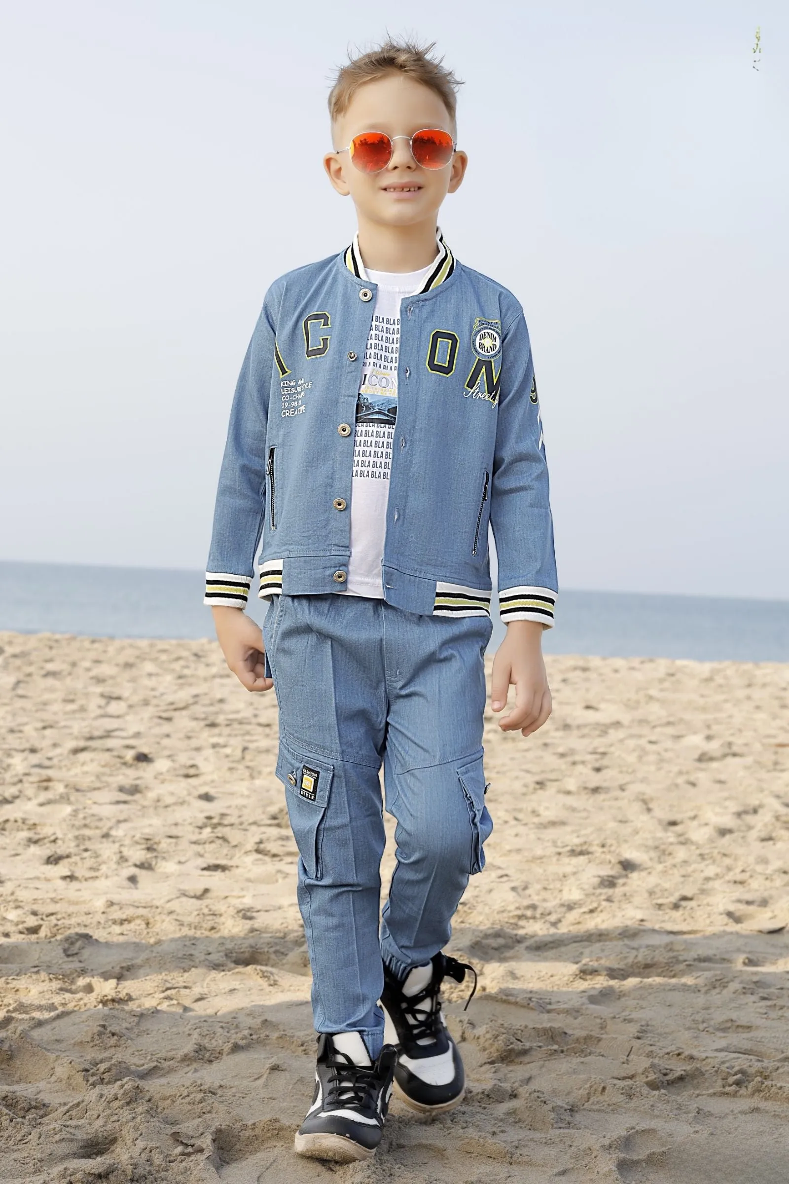 Light Blue with White Printed Waist Coat and Joggers Set for Boys