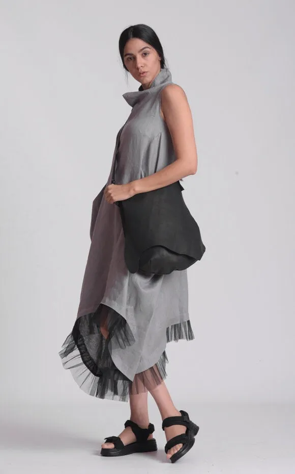 Linen Dress With Tulle Hem In Gray